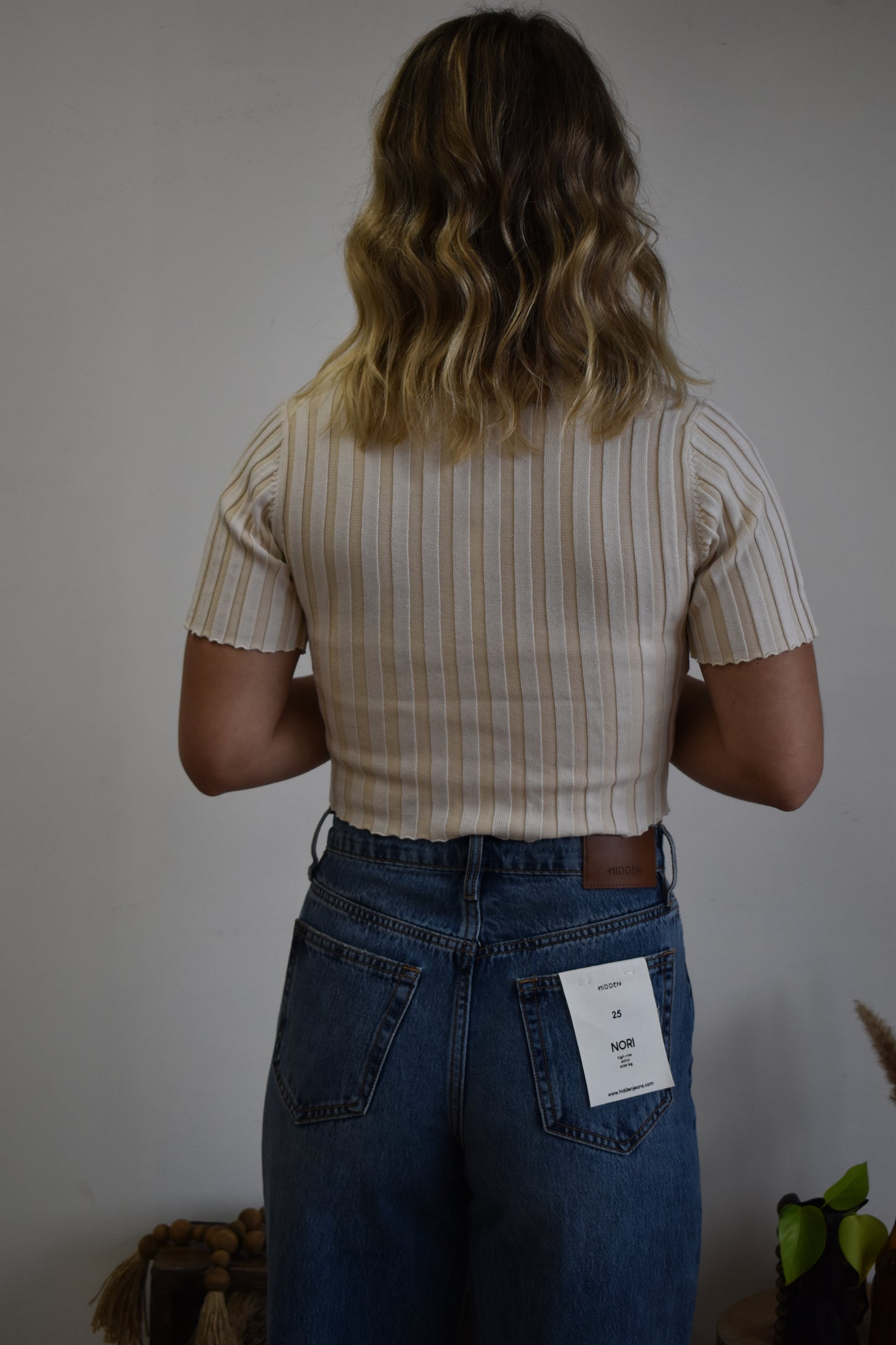 Ivory Striped Short Sleeve Basic