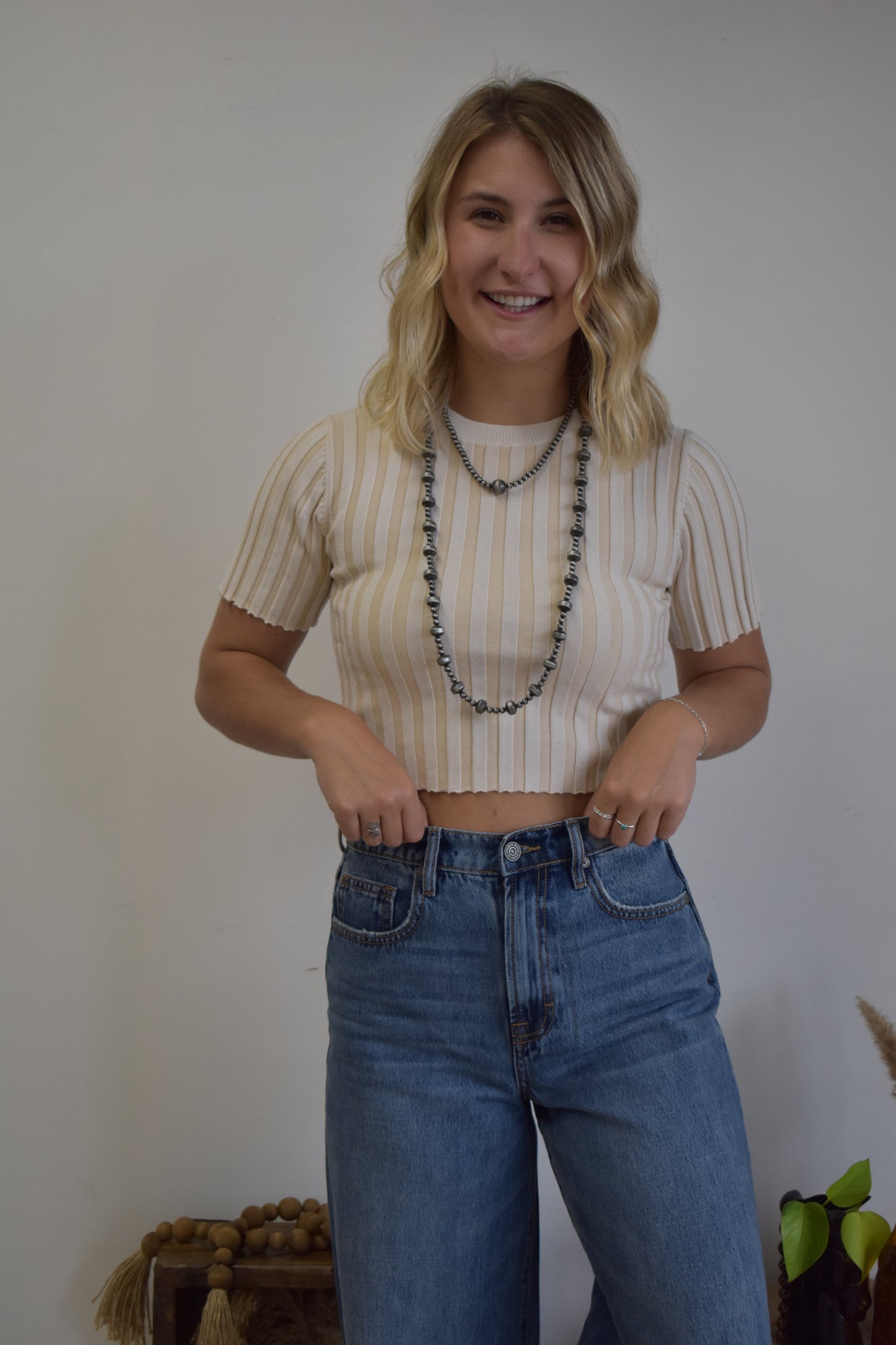 Ivory Striped Short Sleeve Basic