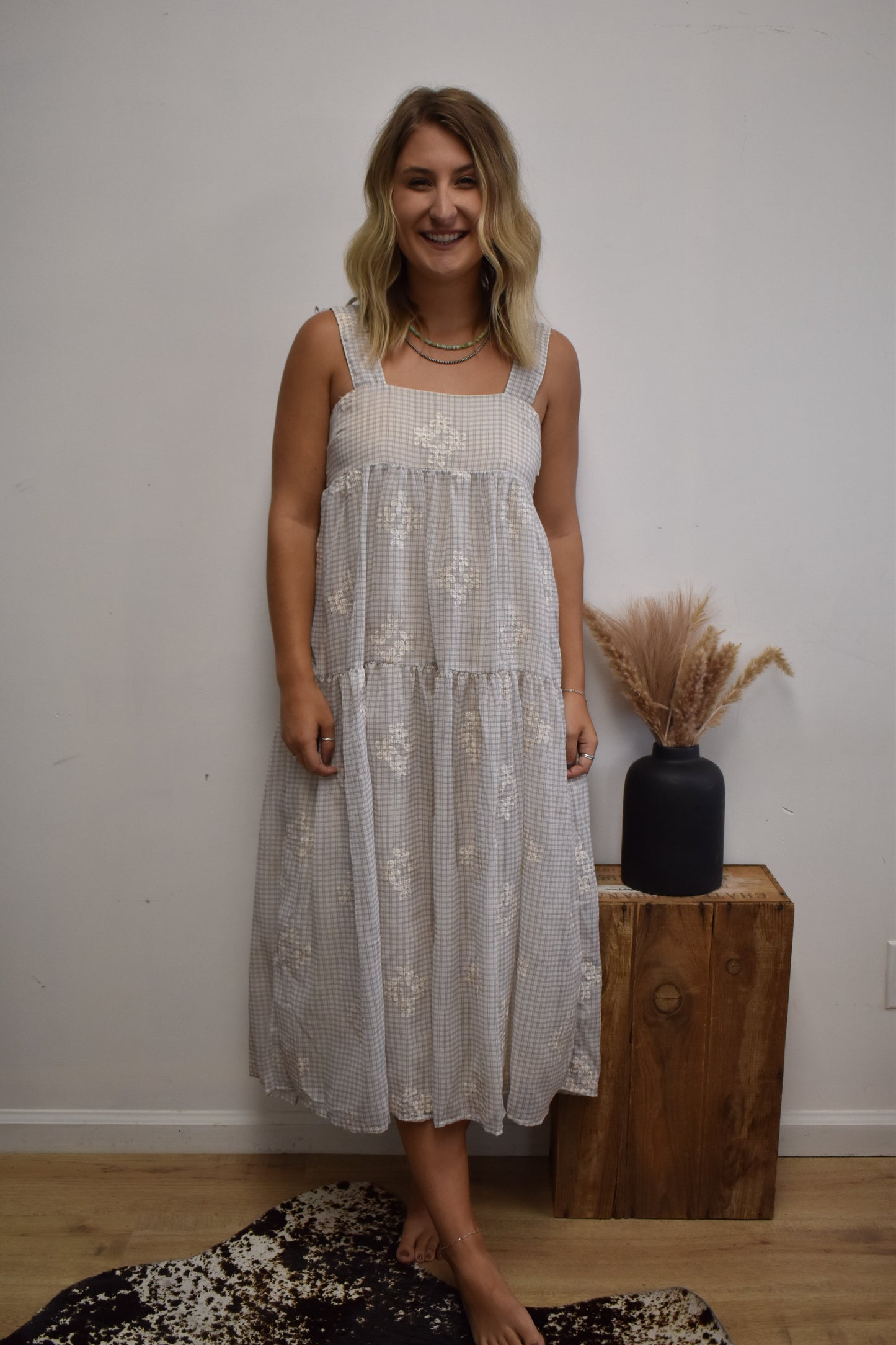 Gingham Daisy Dress: Cream