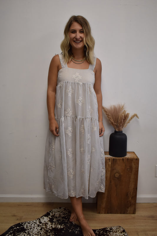 Gingham Daisy Dress: Cream