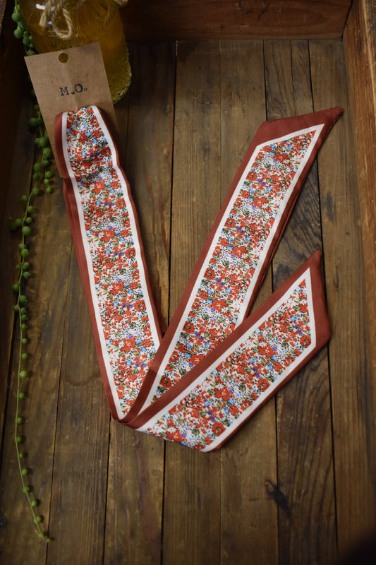Rust and Floral Silky Twilly Scarf Necklace