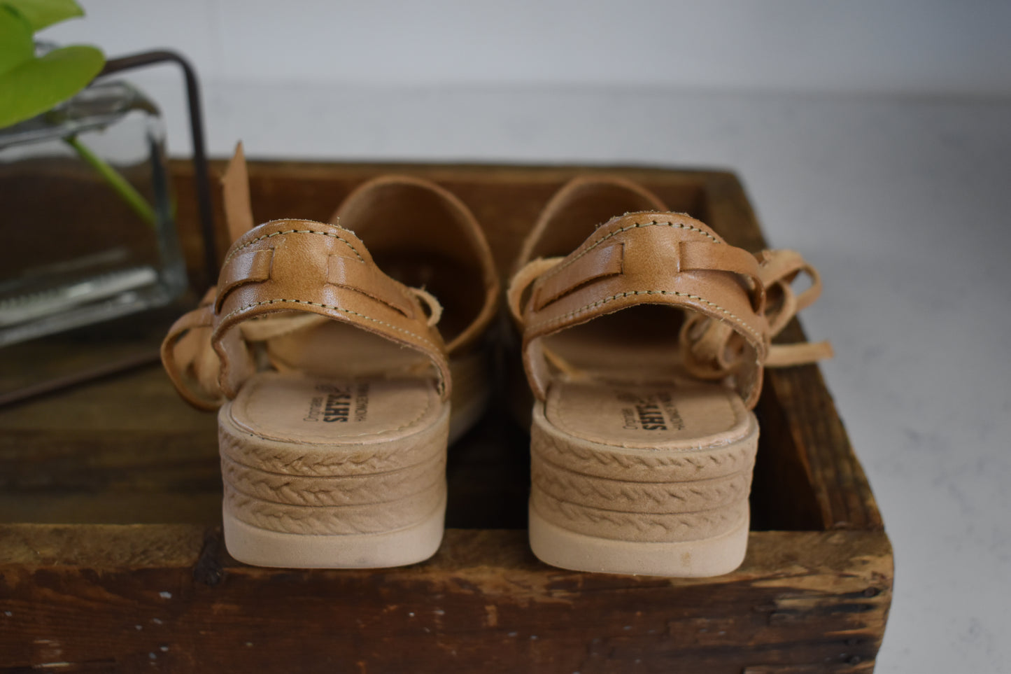 Tan Tooled Platform Flower Mule Wrap Sandals