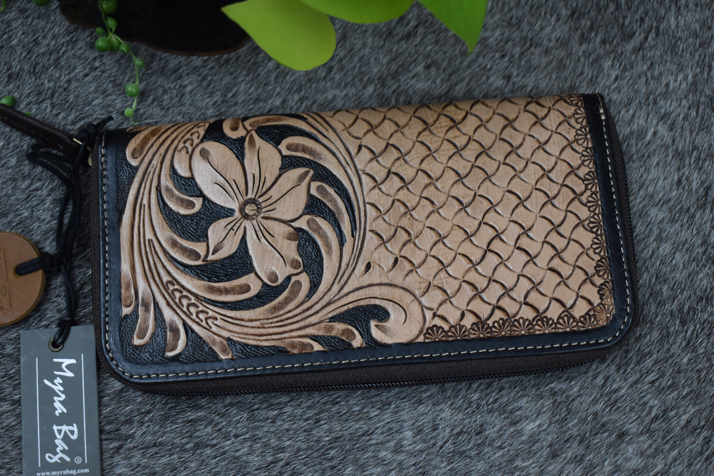 Black Leather & Floral Tooled Wallet