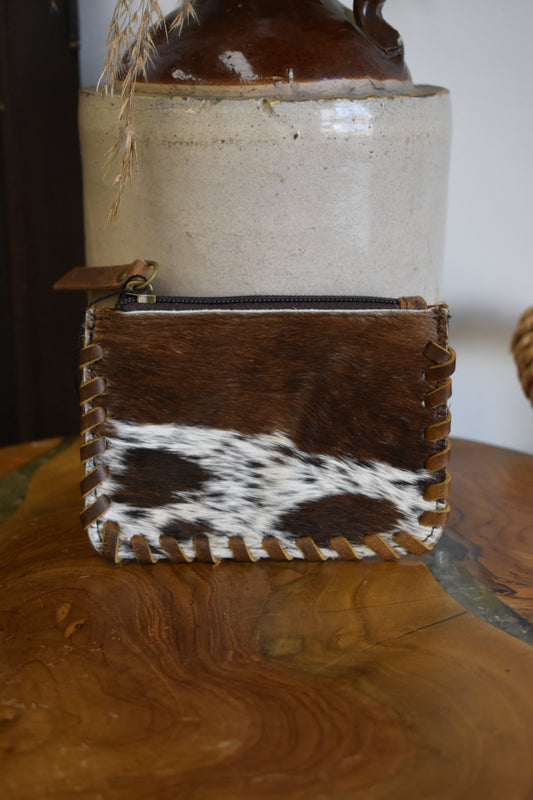 Cowhide & Leather Stitched Coin Pouch