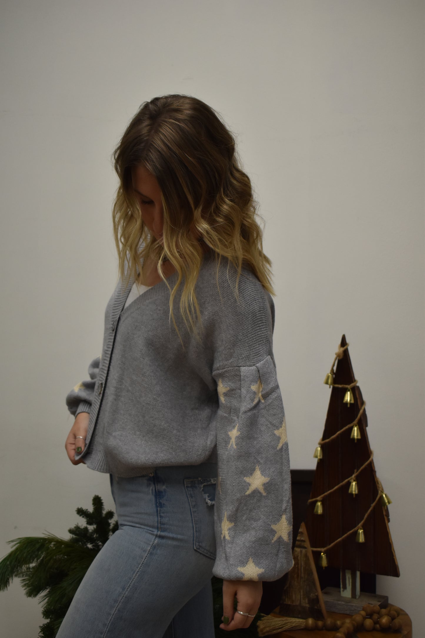 Grey Puff Sleeve Star Sweater