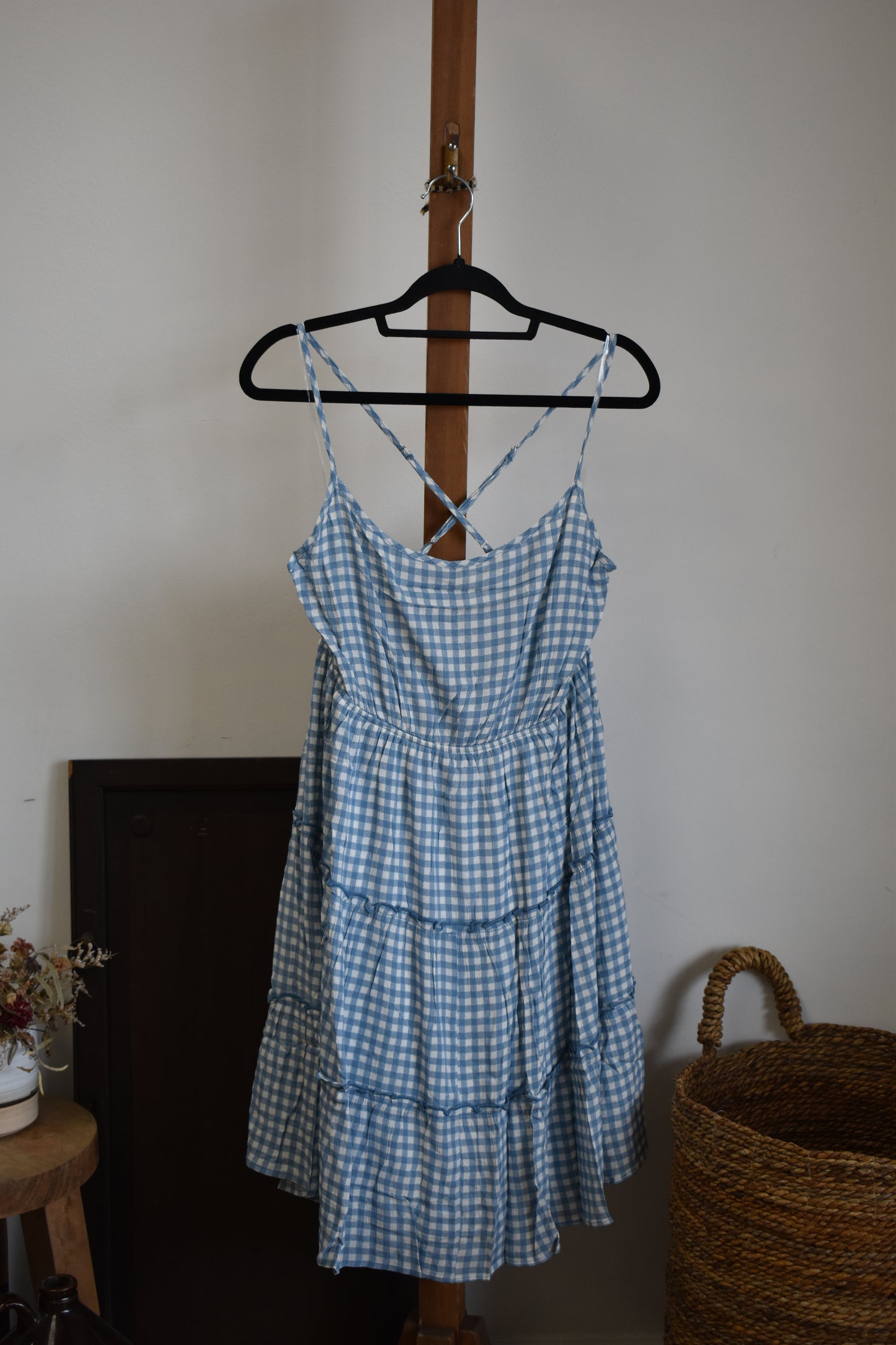 PLUS Dusty Blue Gingham Tiered Dress