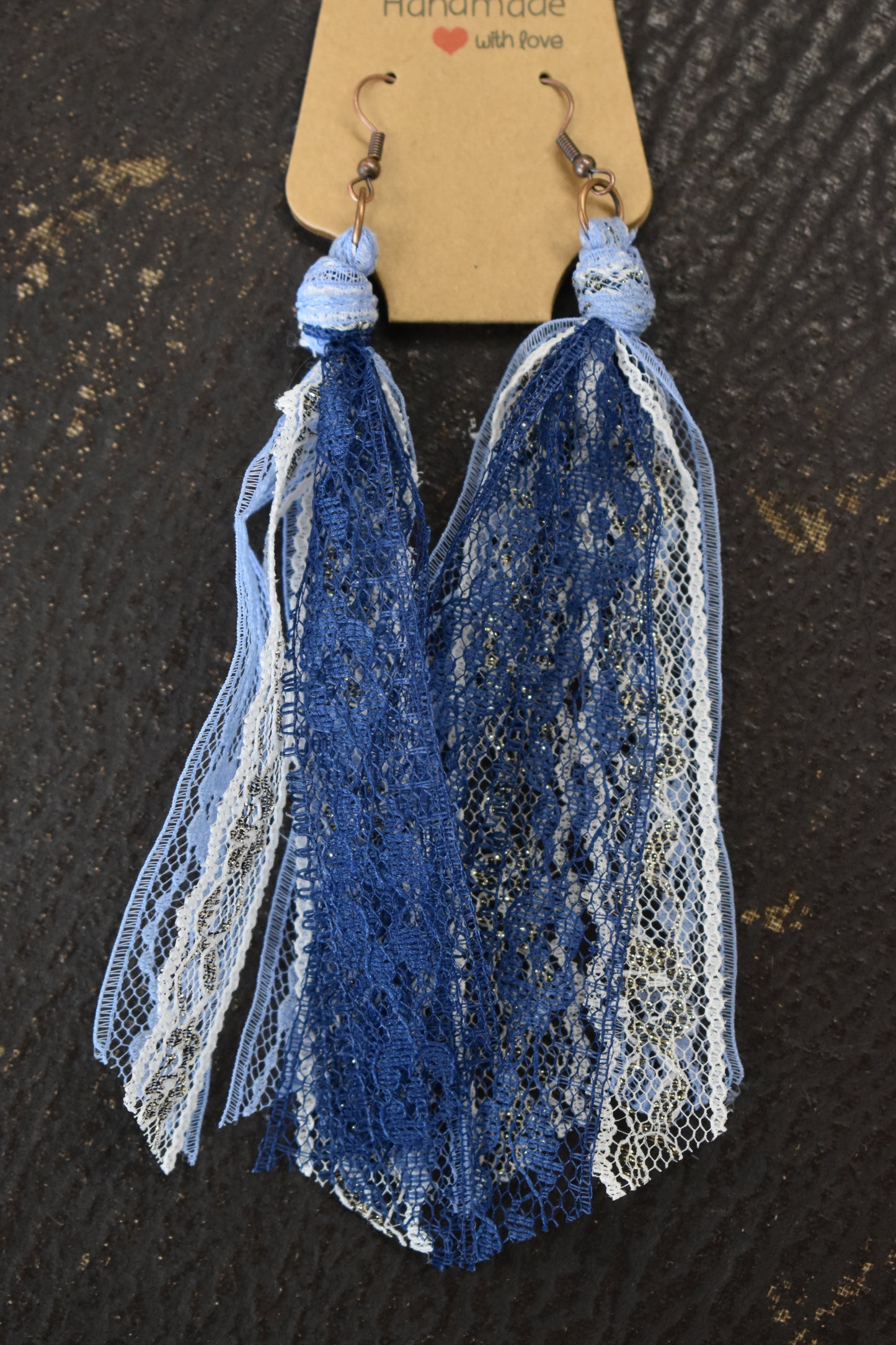 Blue & White Vintage Lace Tassel Earrings