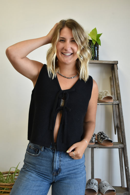 Waffle Knit Tie Tank: Black