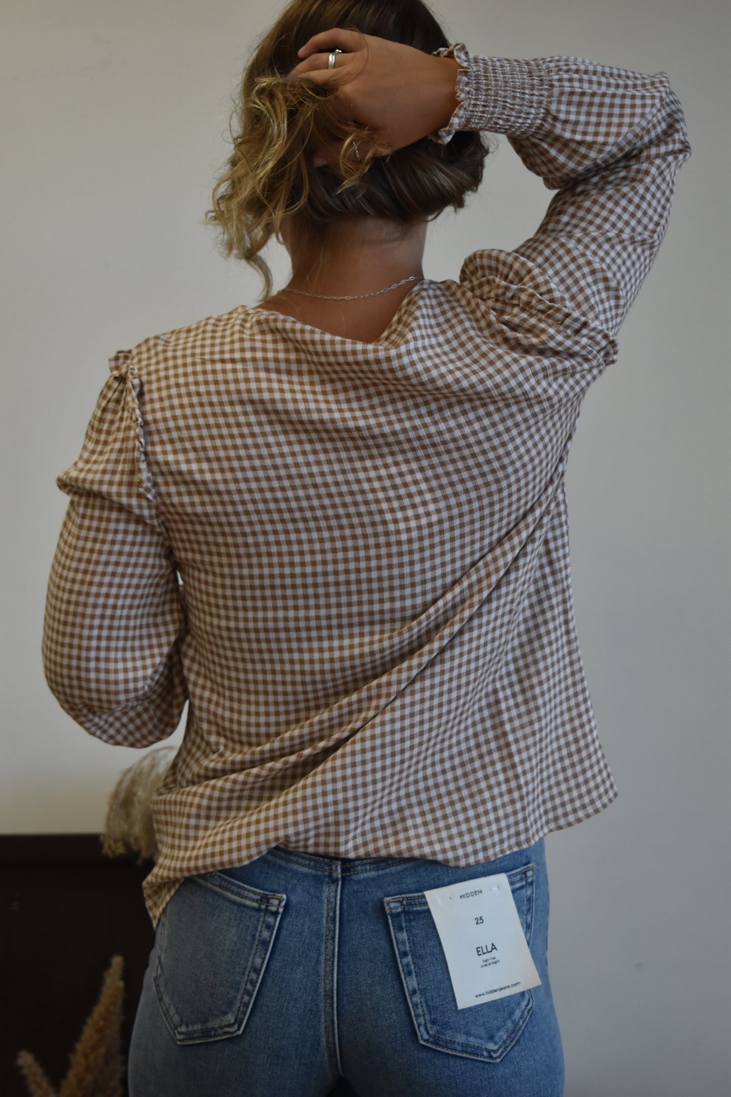 Mocha Gingham Ruched Sleeve Blouse