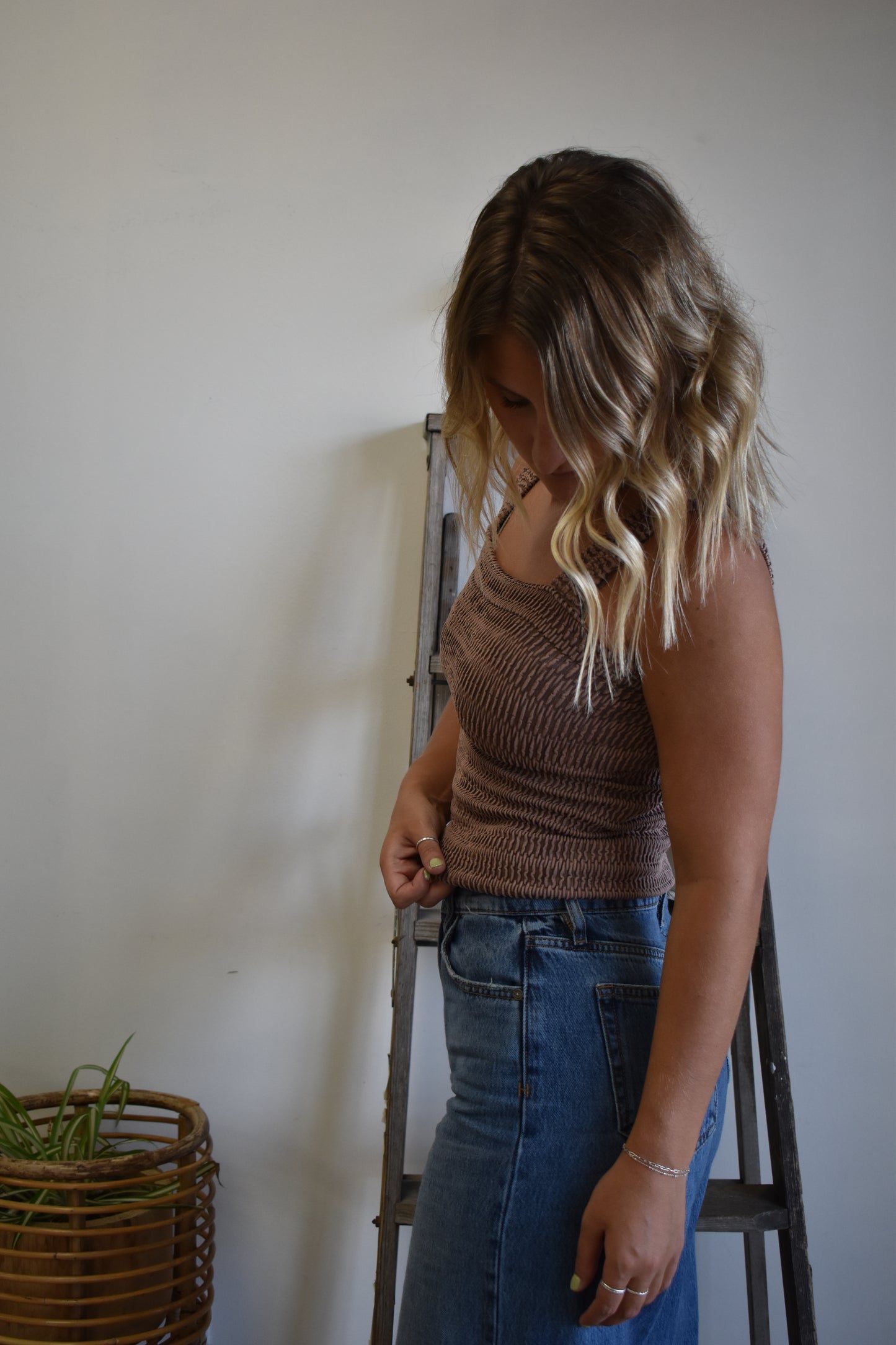 Ruched Thick Strap Tank: Mocha