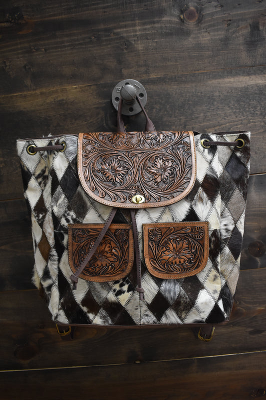 Cowhide Patchwork Tooled Leather Backpack