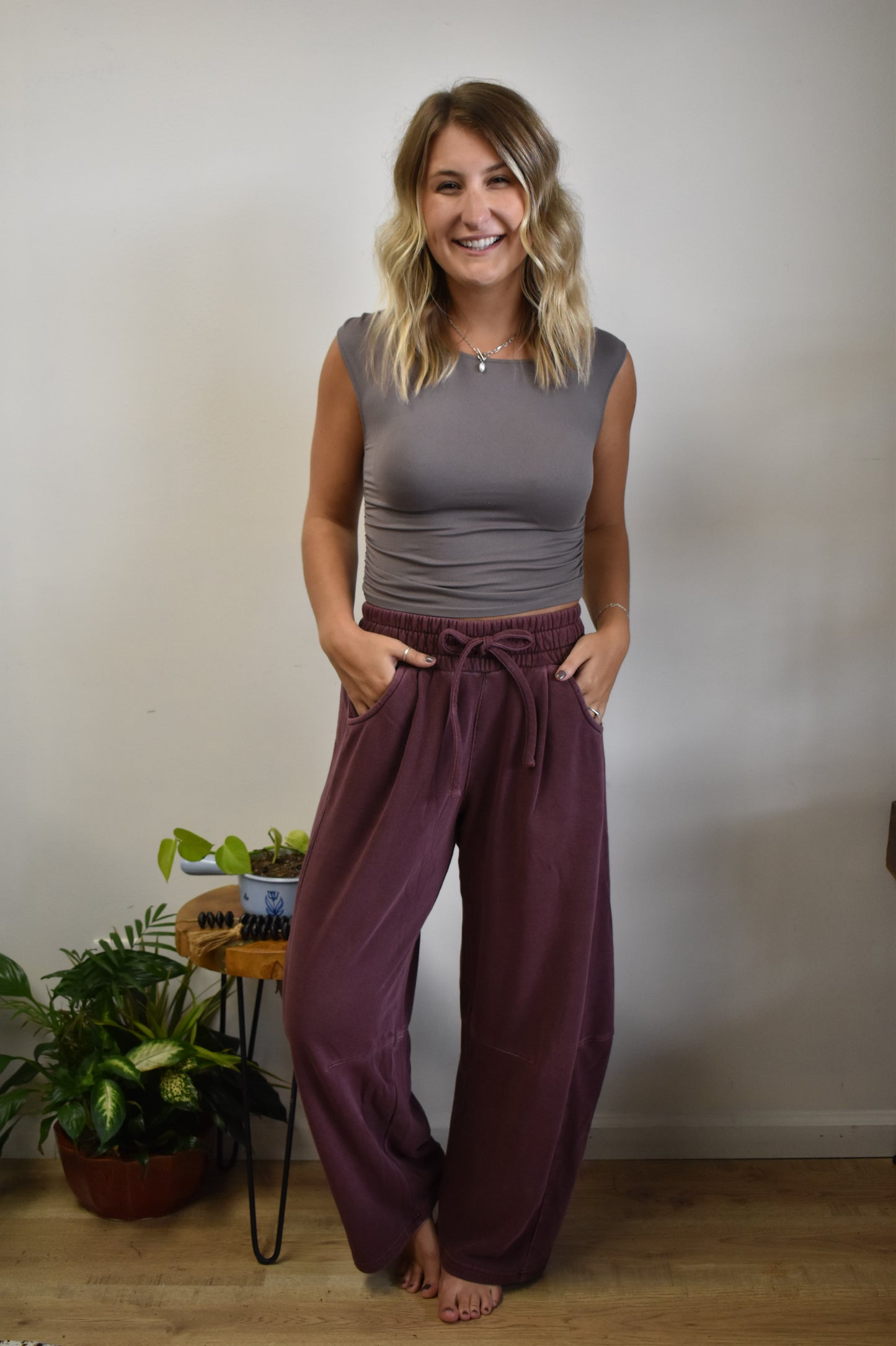 Maroon Smocked Waist Barrel Sweatpants