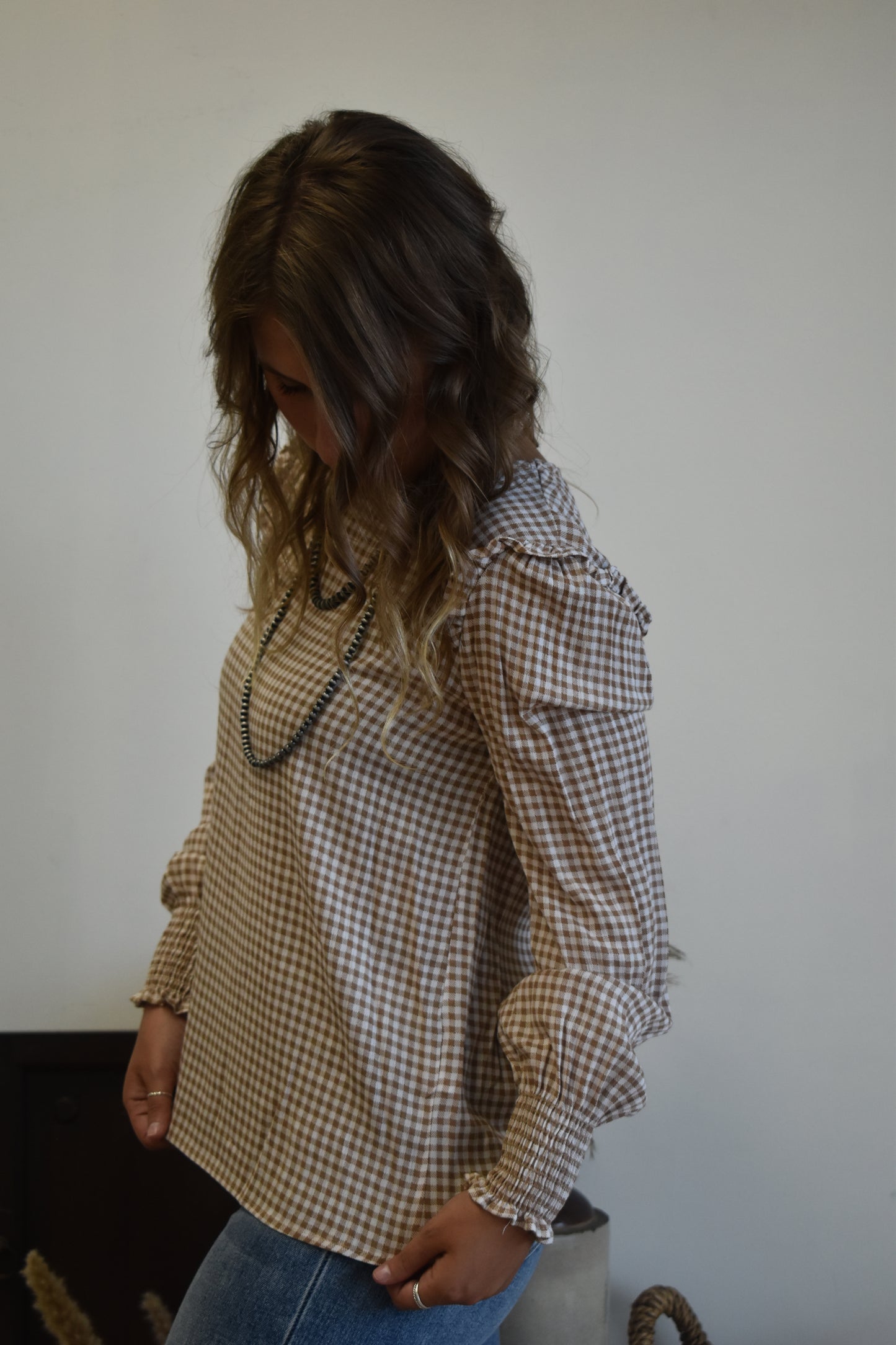 Mocha Gingham Ruched Sleeve Blouse