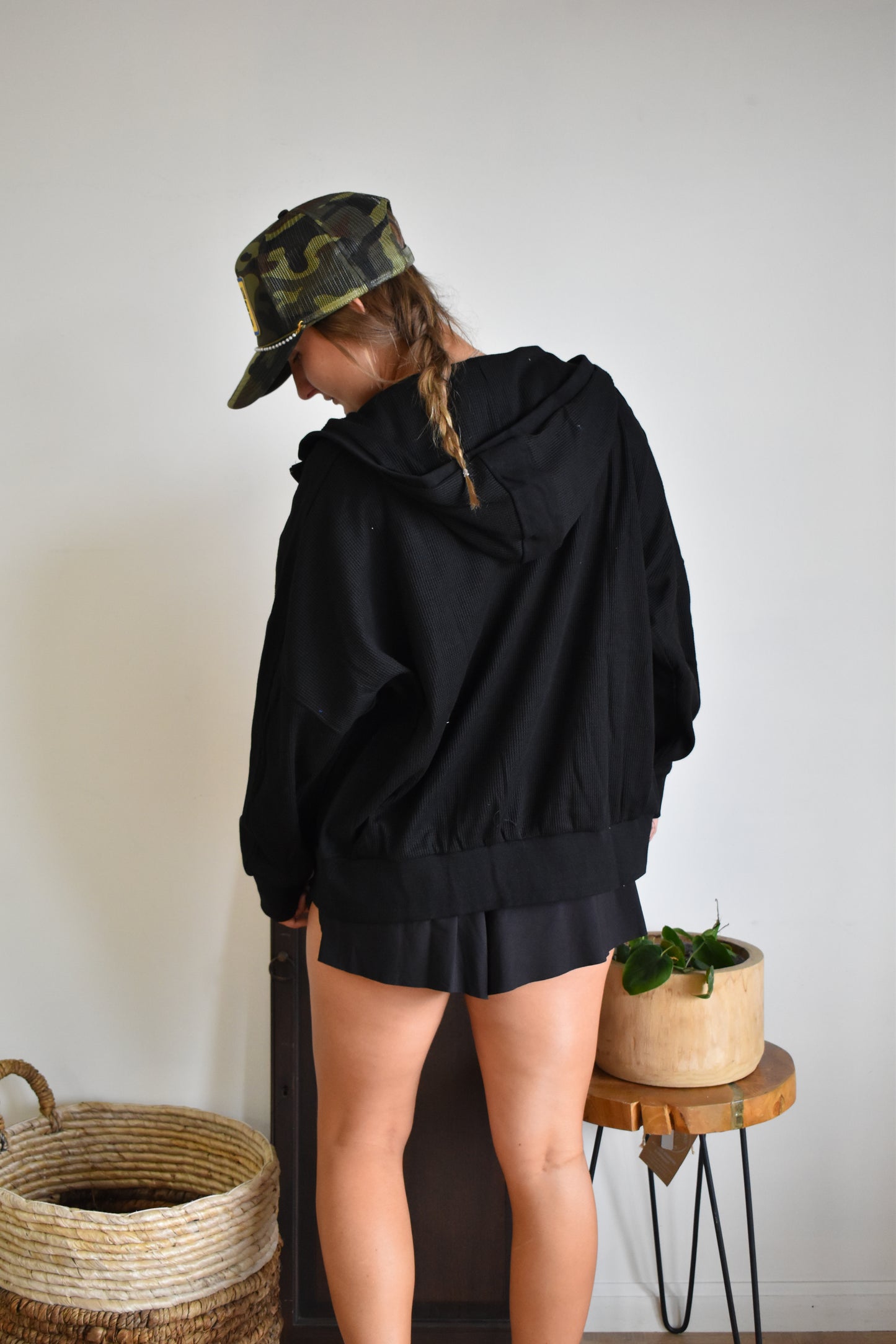 Black Waffle Knit Zip-Up Hoodie