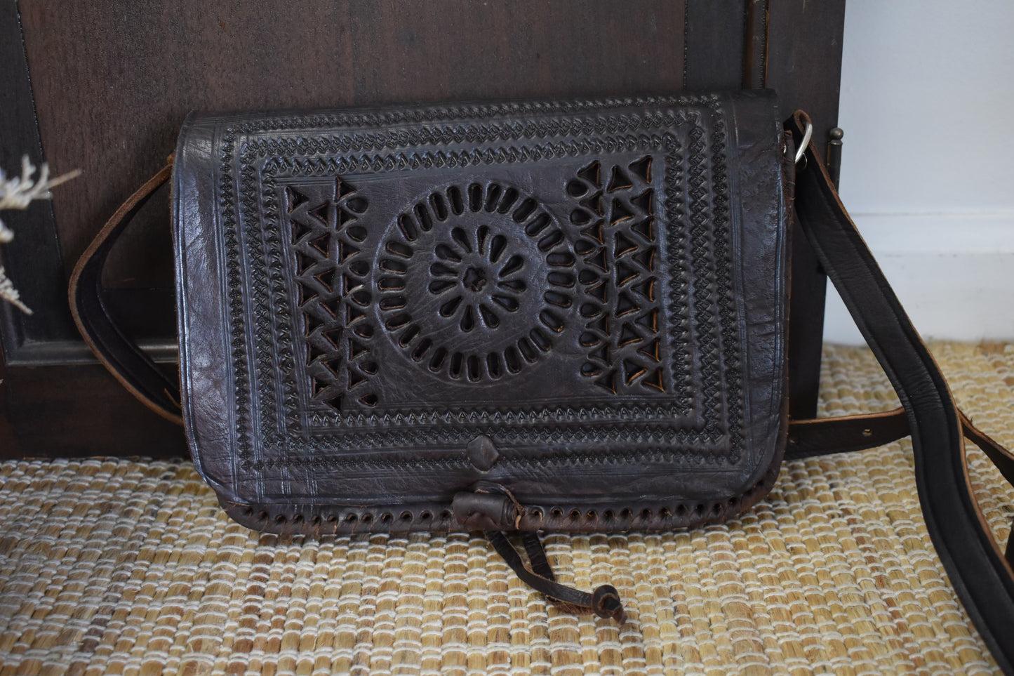 Dark Brown Rectangle Tooled Crossbody