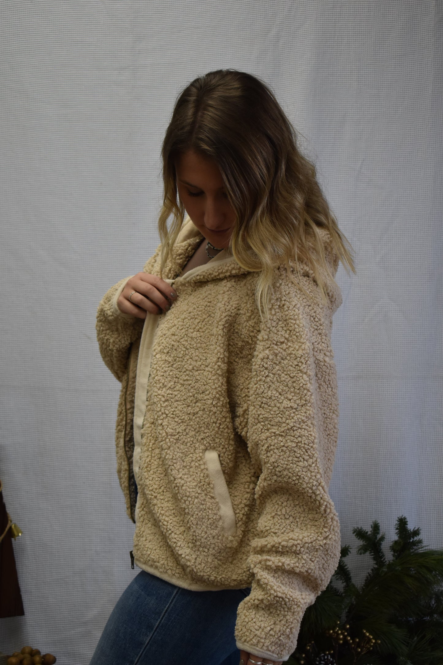Taupe Hooded Sherpa Jacket