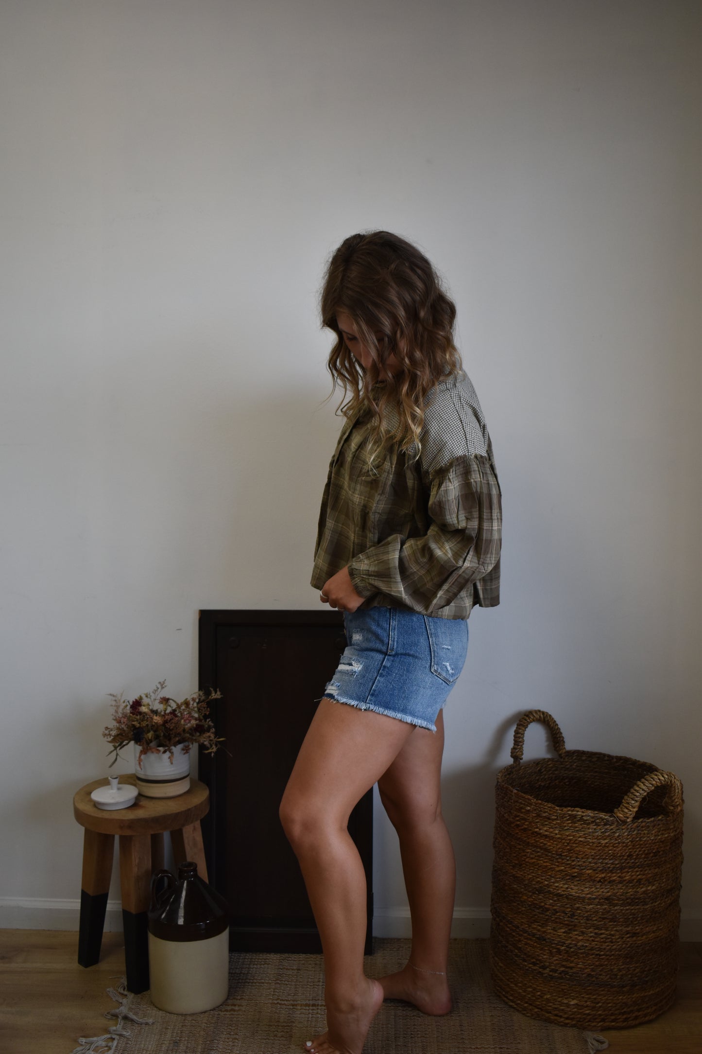 Sage Gingham Mixed Blouse