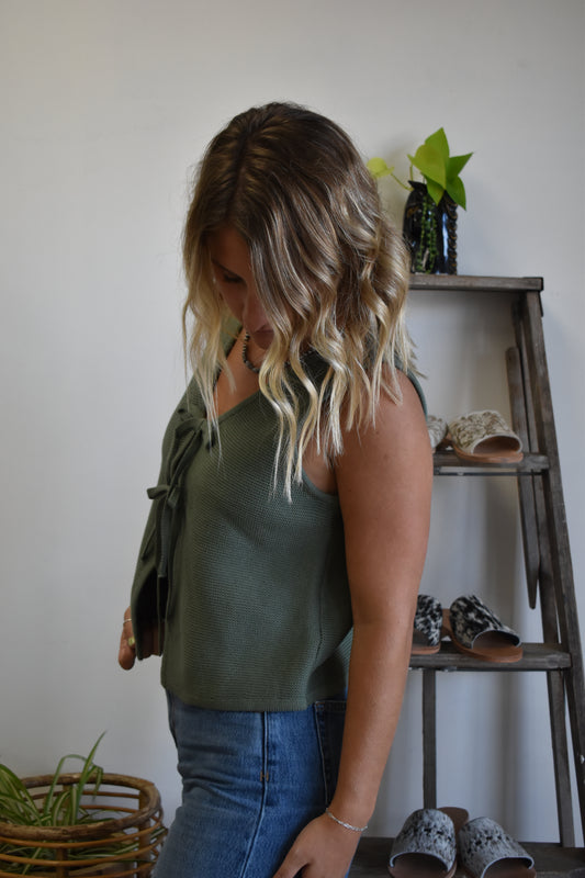 Waffle Knit Tie Tank: Olive
