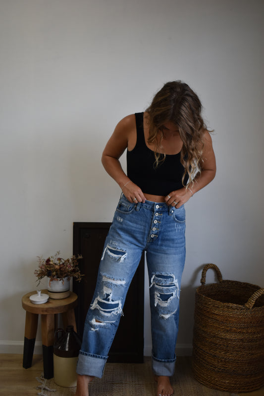 Medium Patchwork Exposed Button Fly Boyfriend Jeans