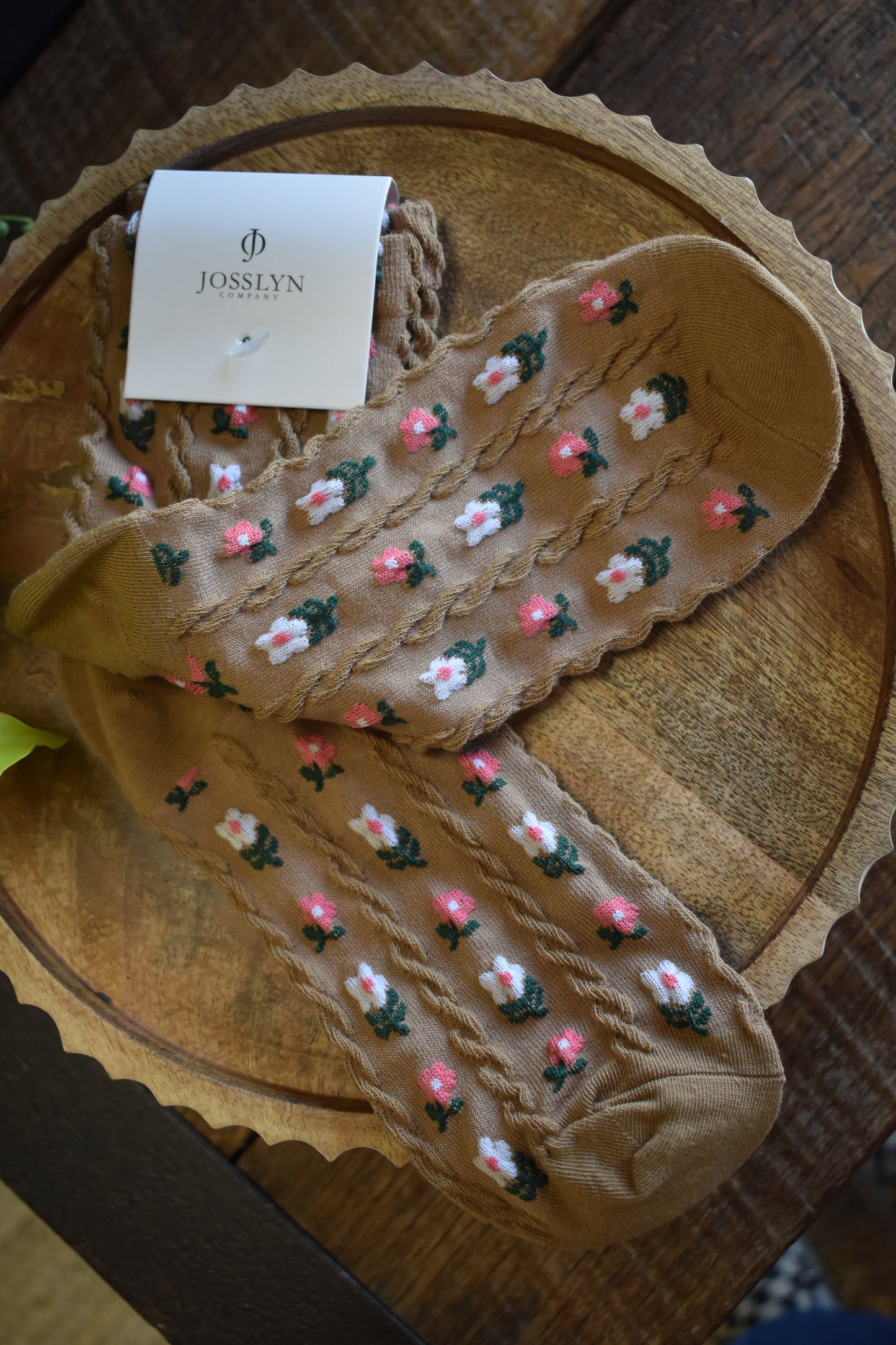 Tan Floral Crew Socks