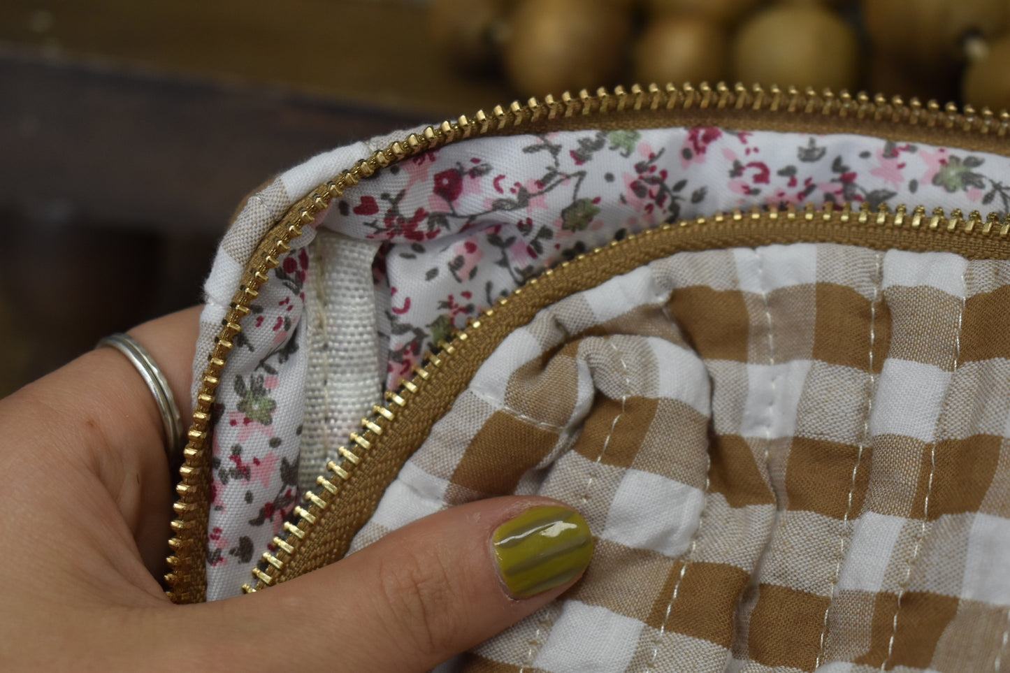 Brown Gingham Stitched Bag