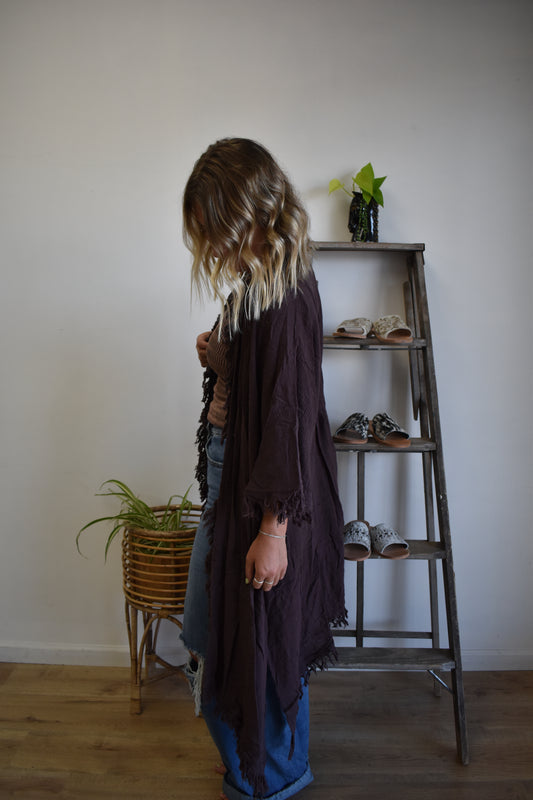 Maroon Fringe Trim Long Cardigan