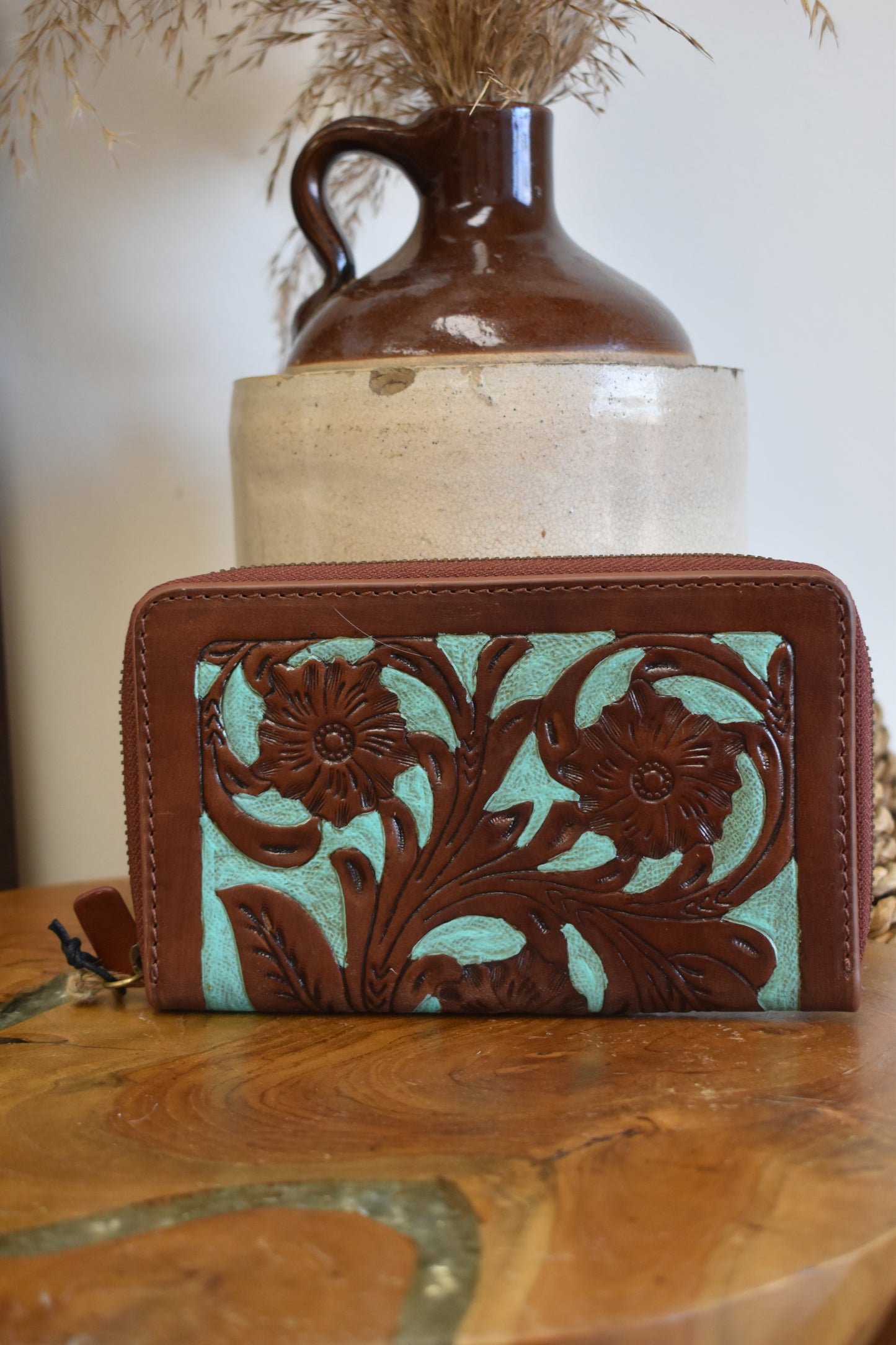 Teal & Chocolate Brown Tooled Wallet