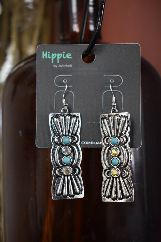 Turquoise & Rhinestone Detailed Plated Earrings