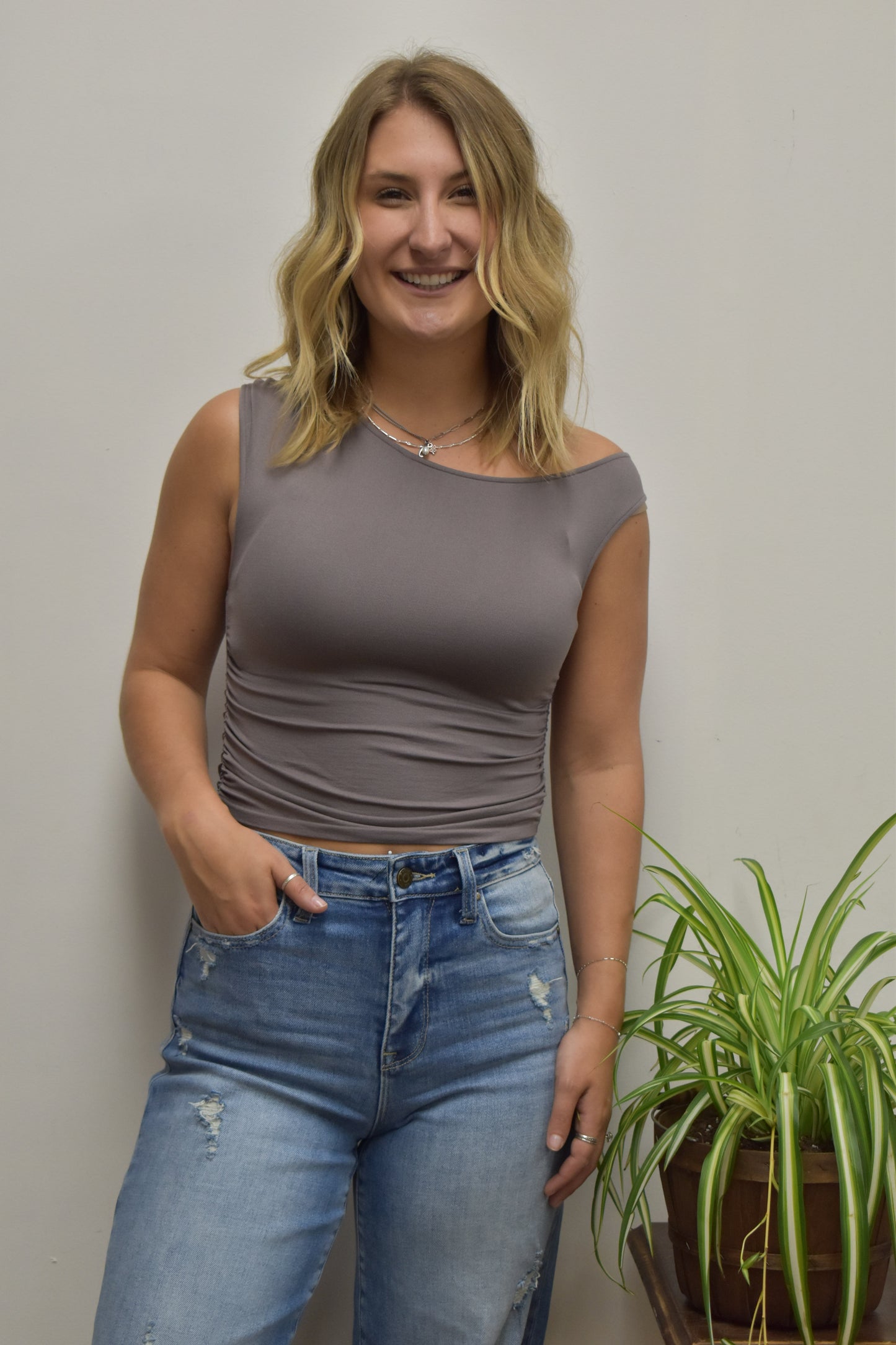 Sleeveless Asymmetric Neck Top