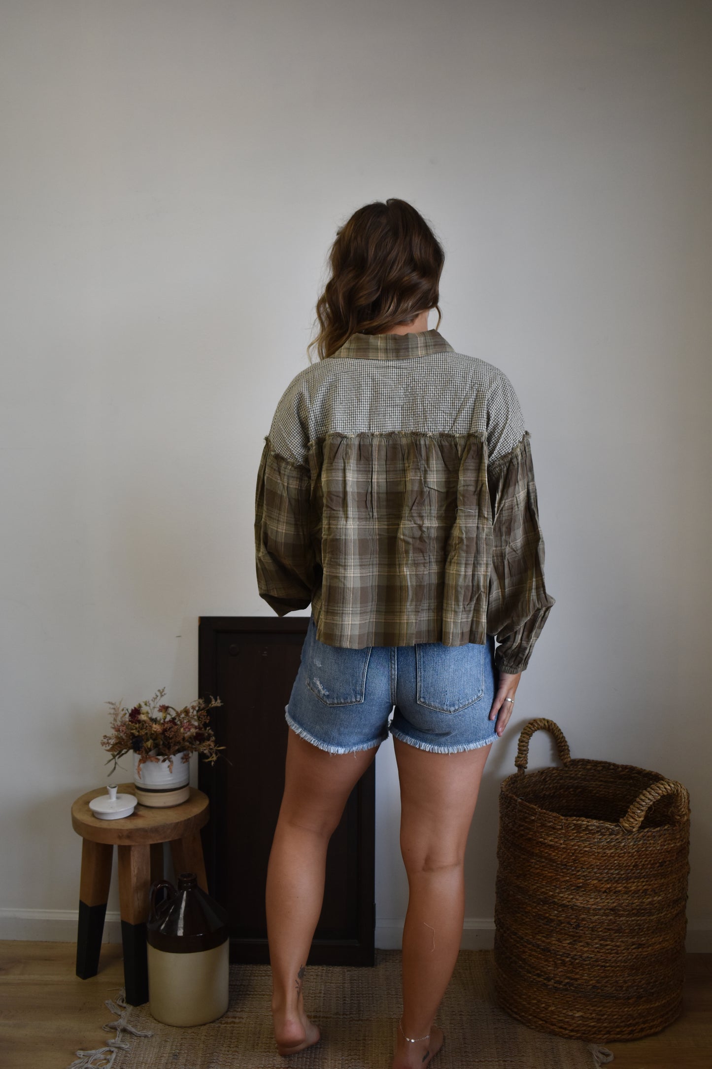 Sage Gingham Mixed Blouse