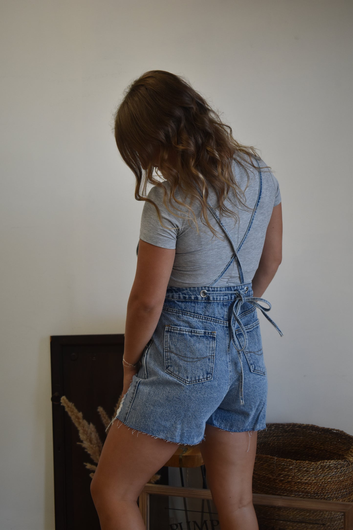 Distressed Denim Short Overall