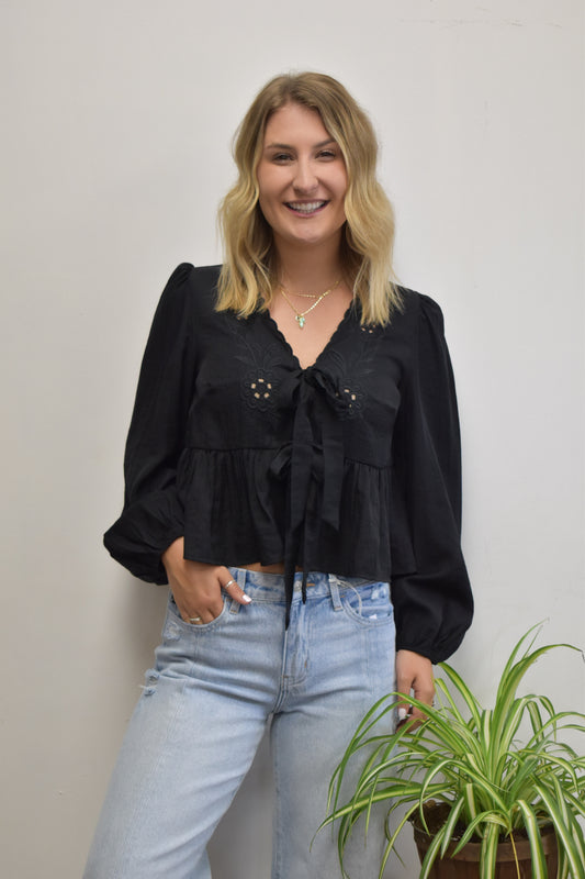 Embroidered Front Tie Long Sleeve Top