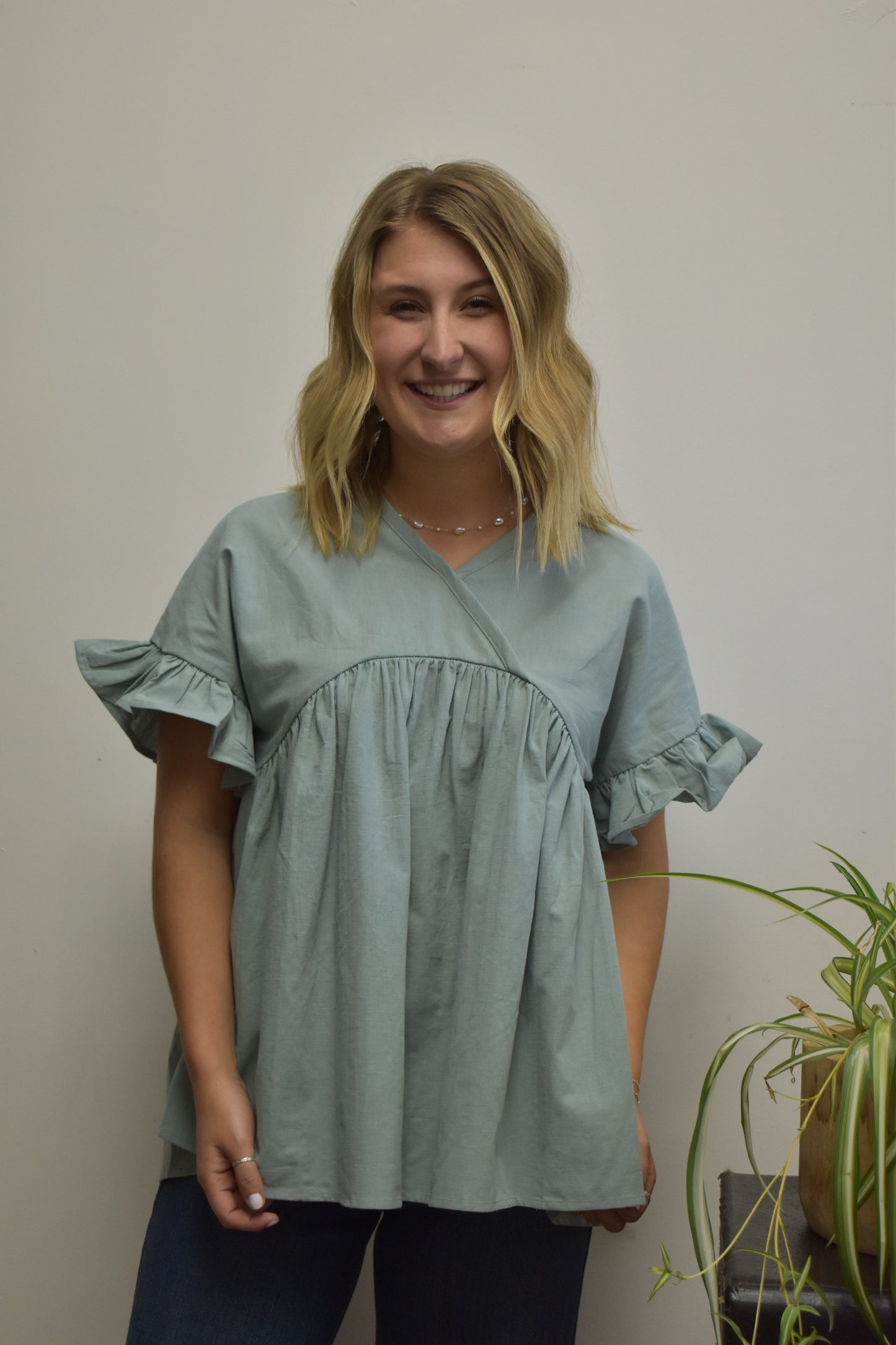 Teal Linen Peplum Blouse