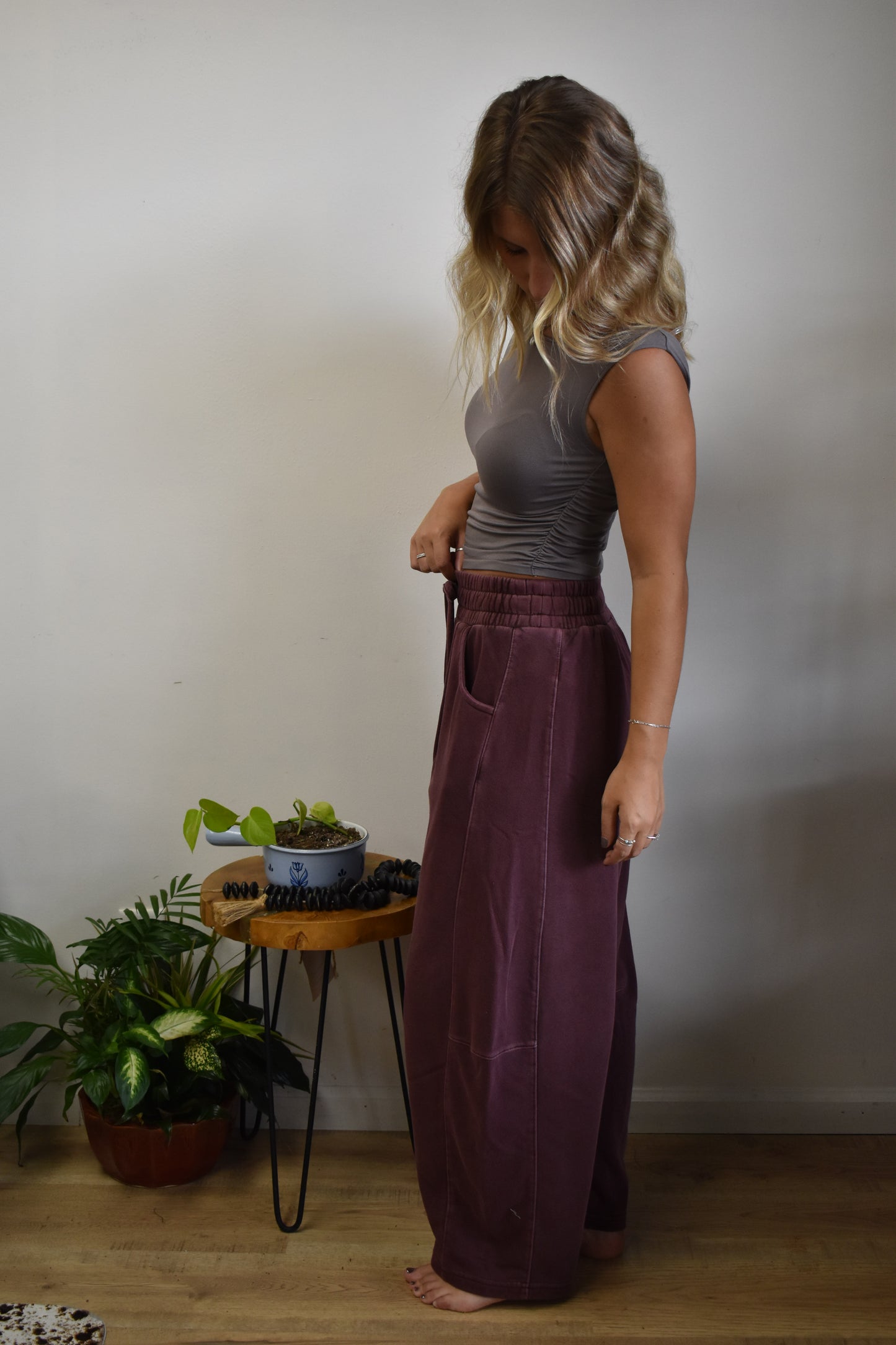 Maroon Smocked Waist Barrel Sweatpants