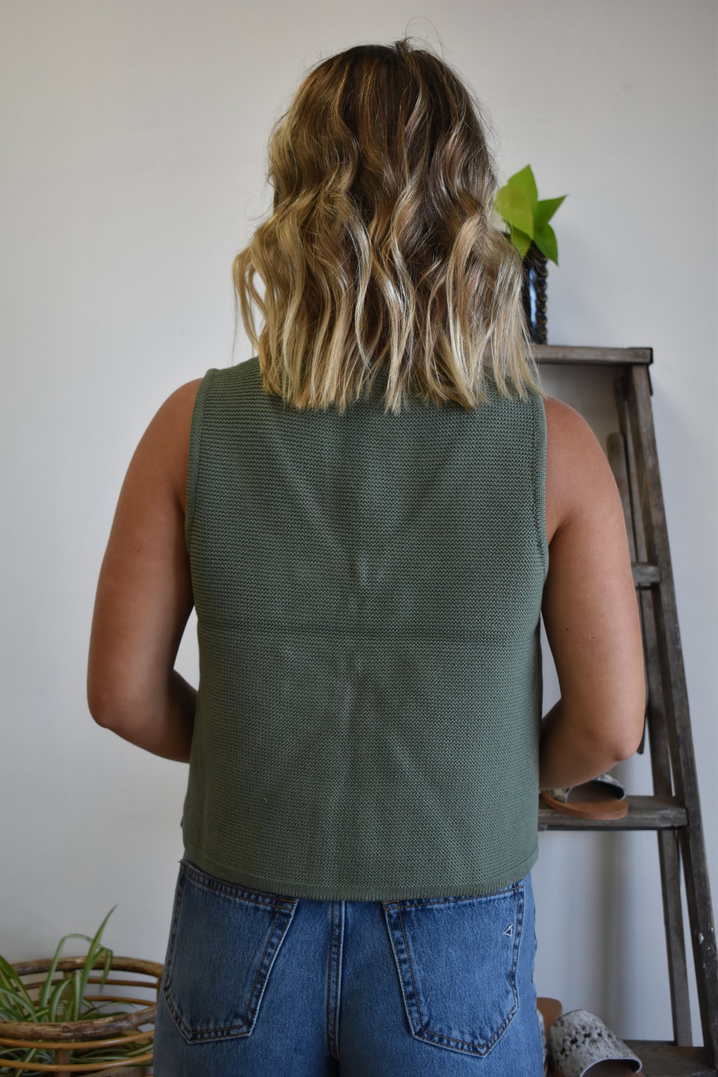 Waffle Knit Tie Tank: Olive