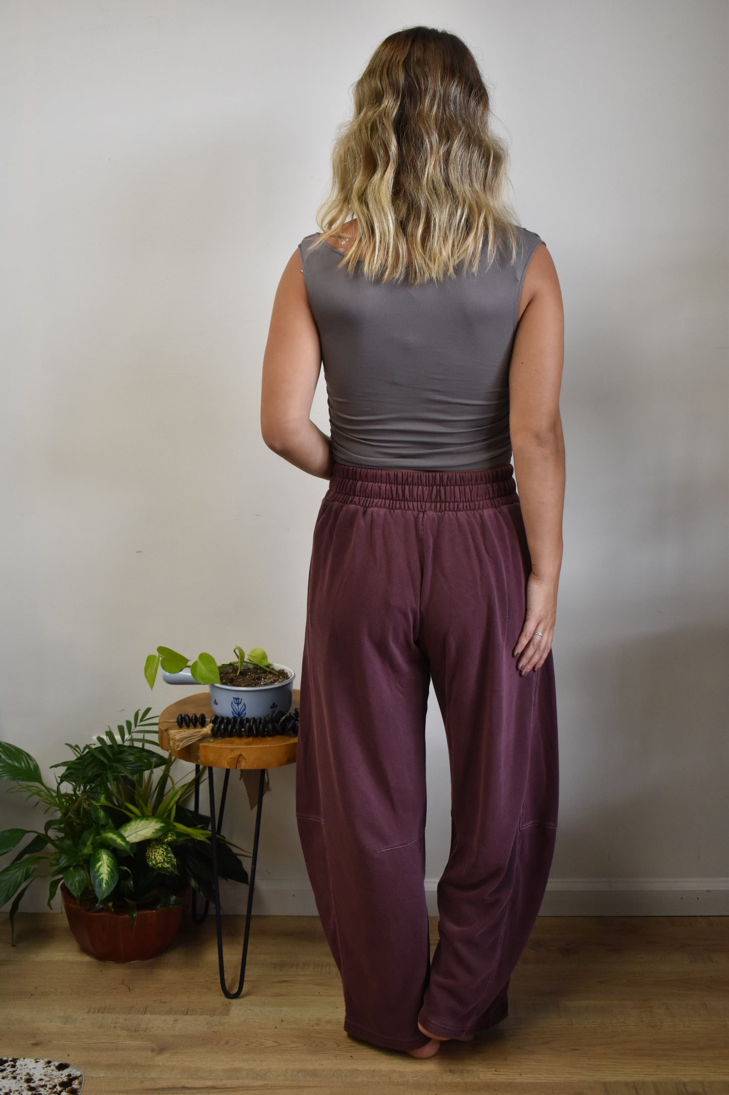 Maroon Smocked Waist Barrel Sweatpants