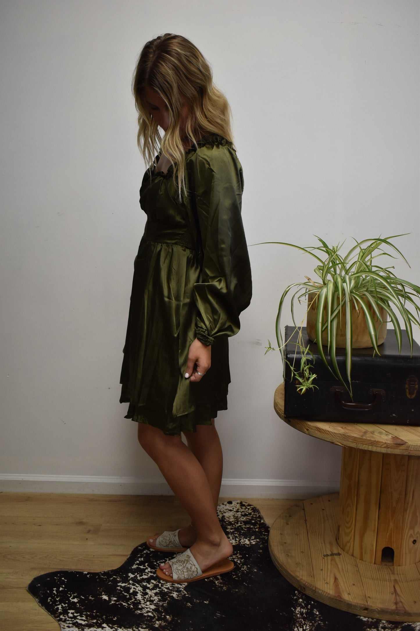 Olive Satin Smock Dress