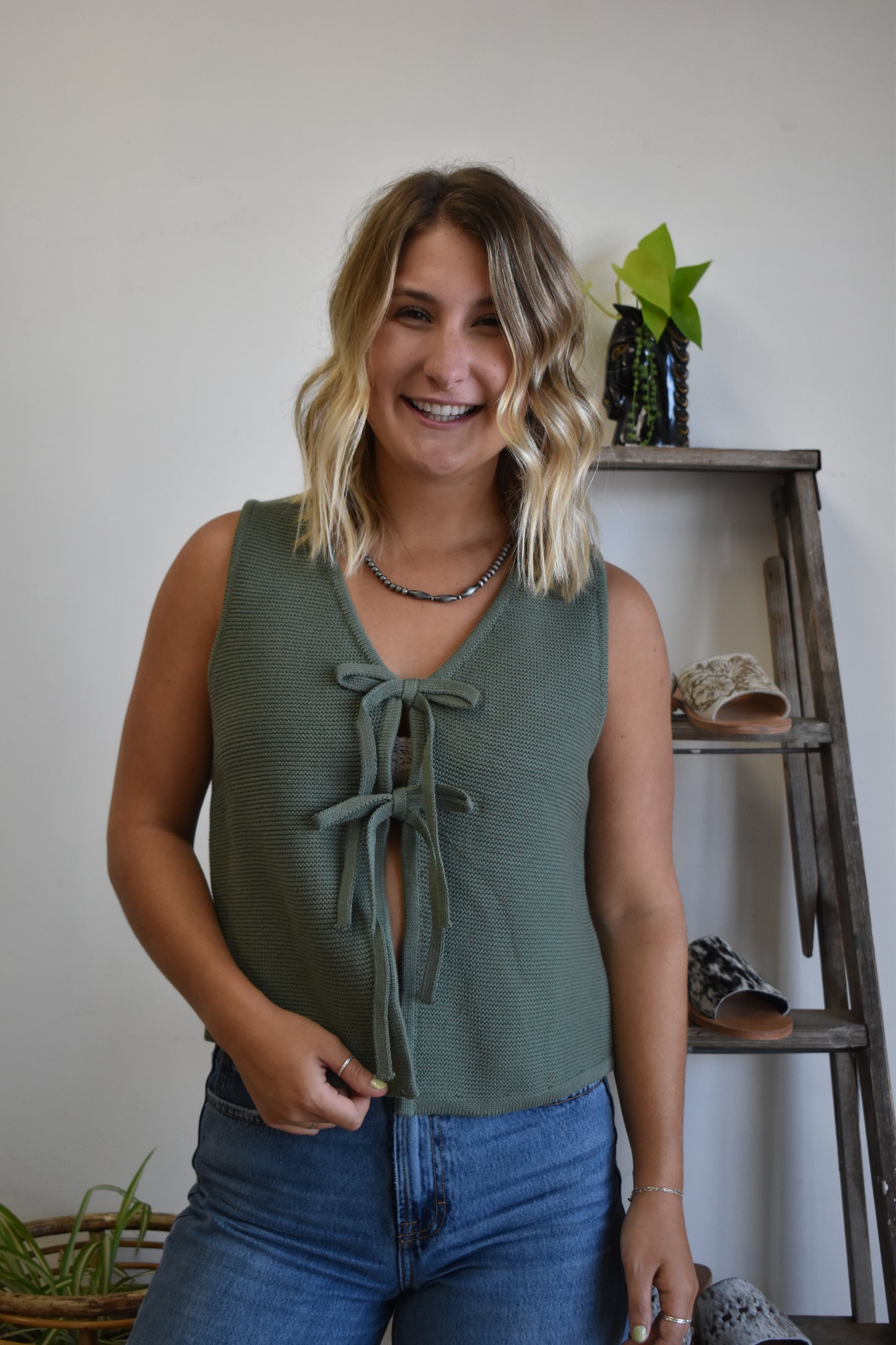 Waffle Knit Tie Tank: Olive