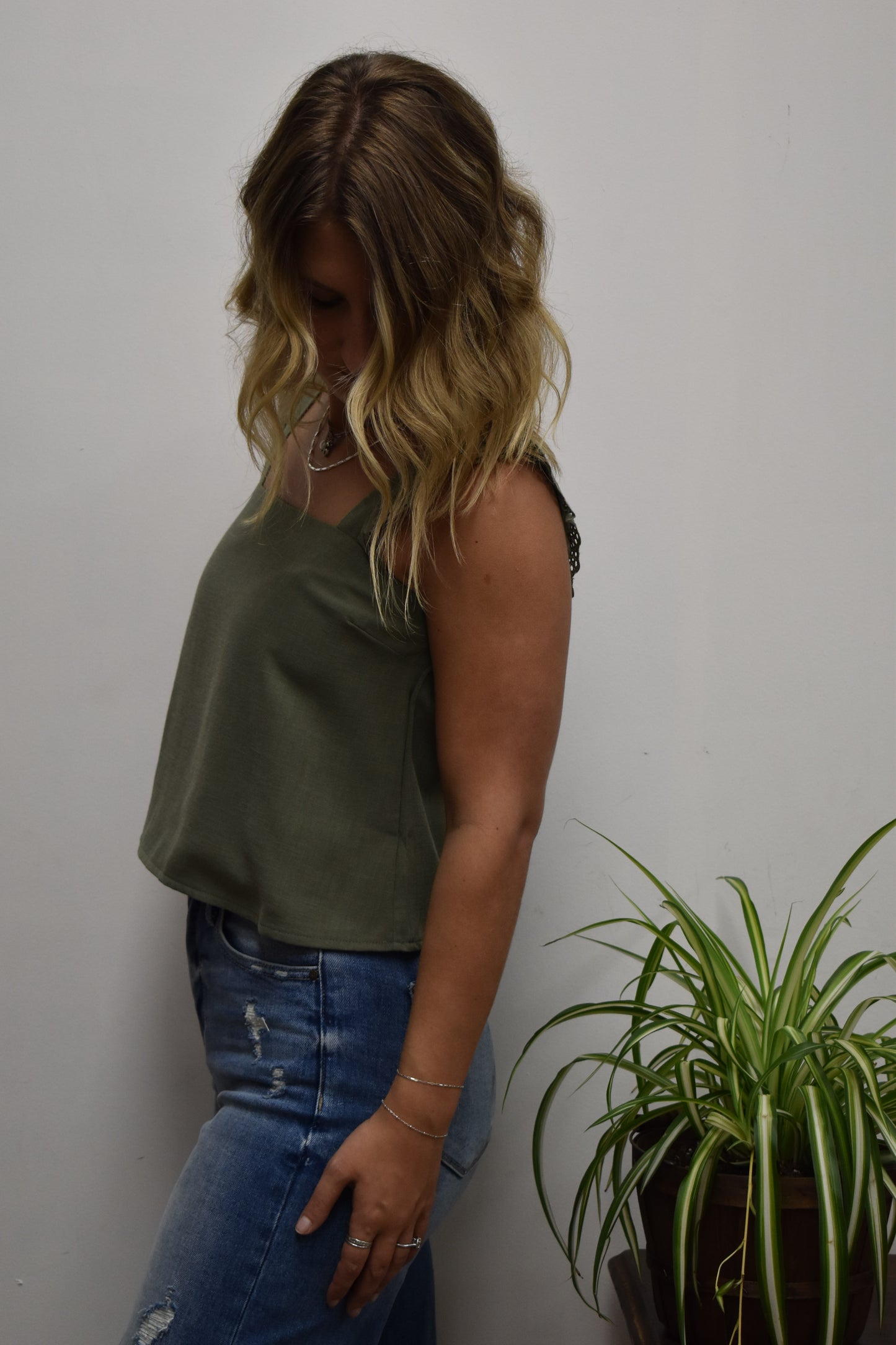 Square Neck Olive Ruffle Tank