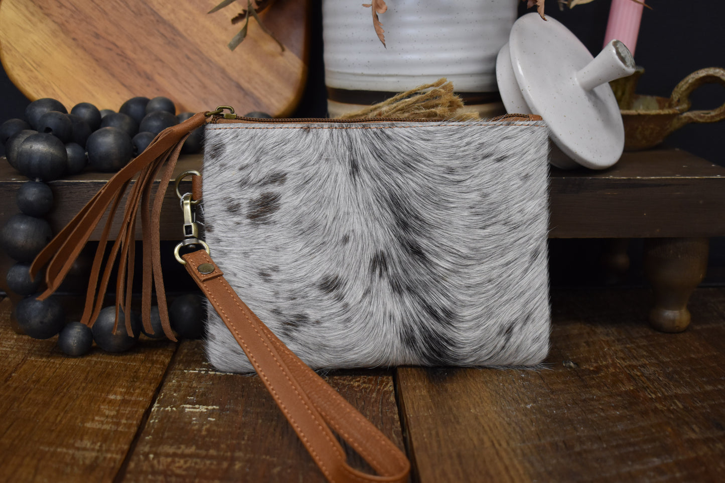 Cowhide & Leather Wristlet Bag