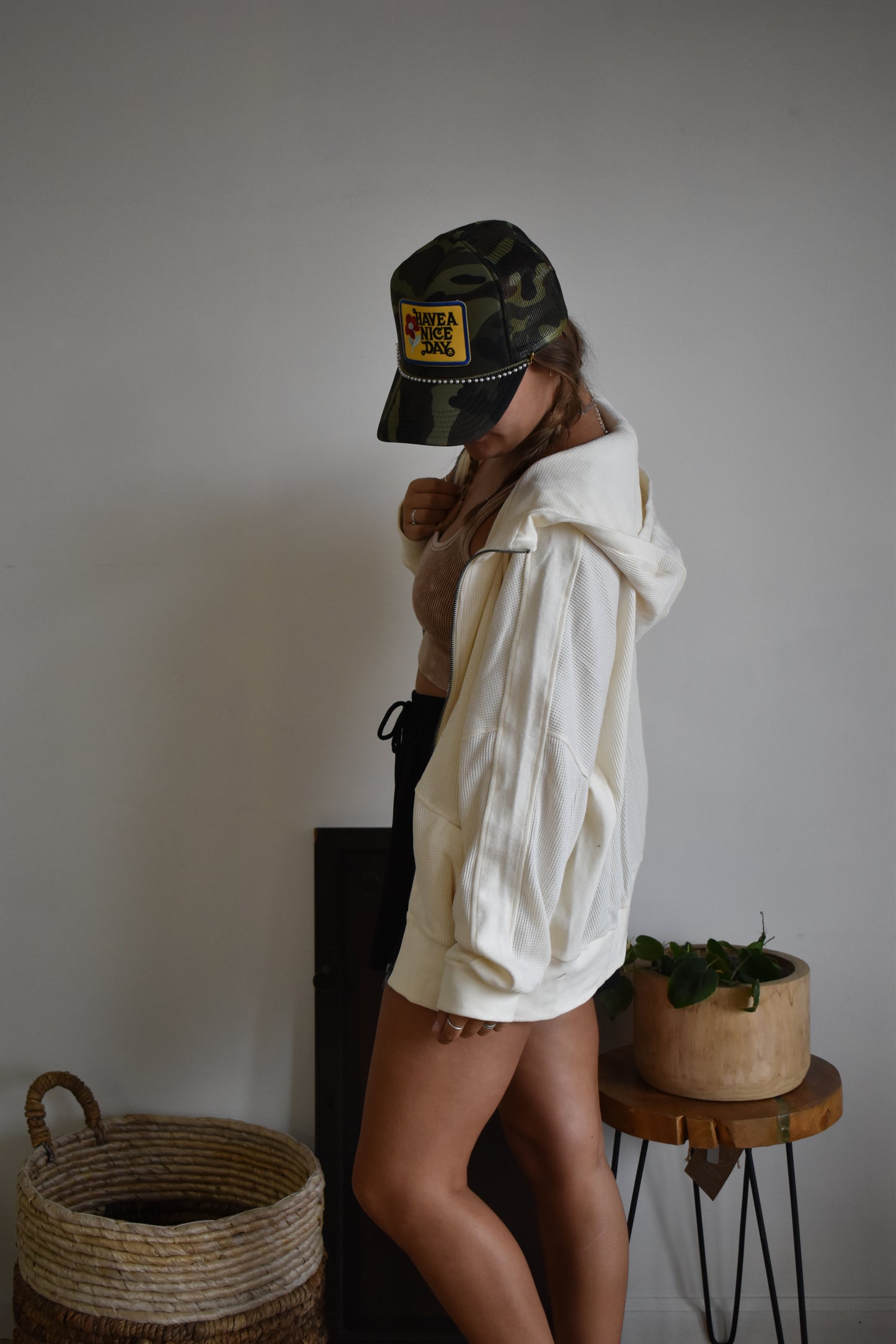 Ivory Waffle Knit Zip-Up Hoodie