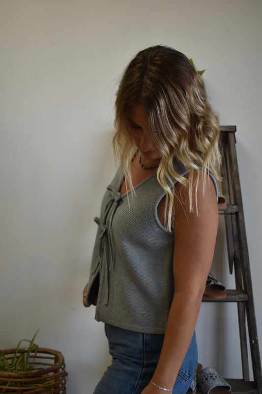 Waffle Knit Tie Tank: Heather Grey