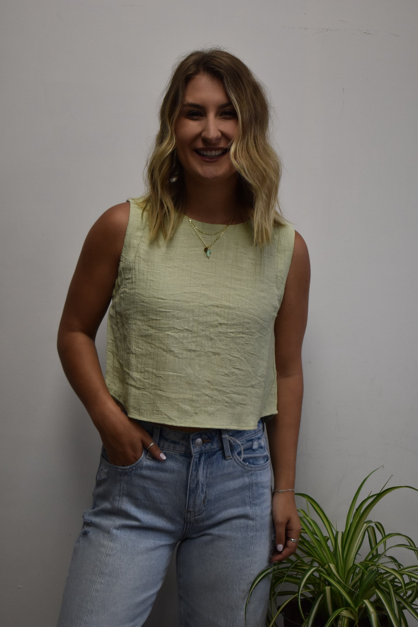 Light Olive Textured Sleeveless Top