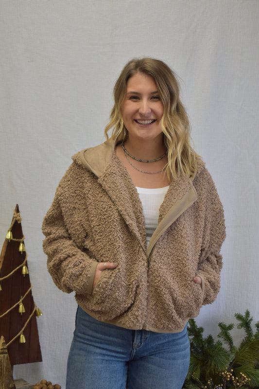 Mocha Hooded Sherpa Jacket