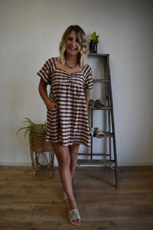 Brown Colorblock Striped Dress