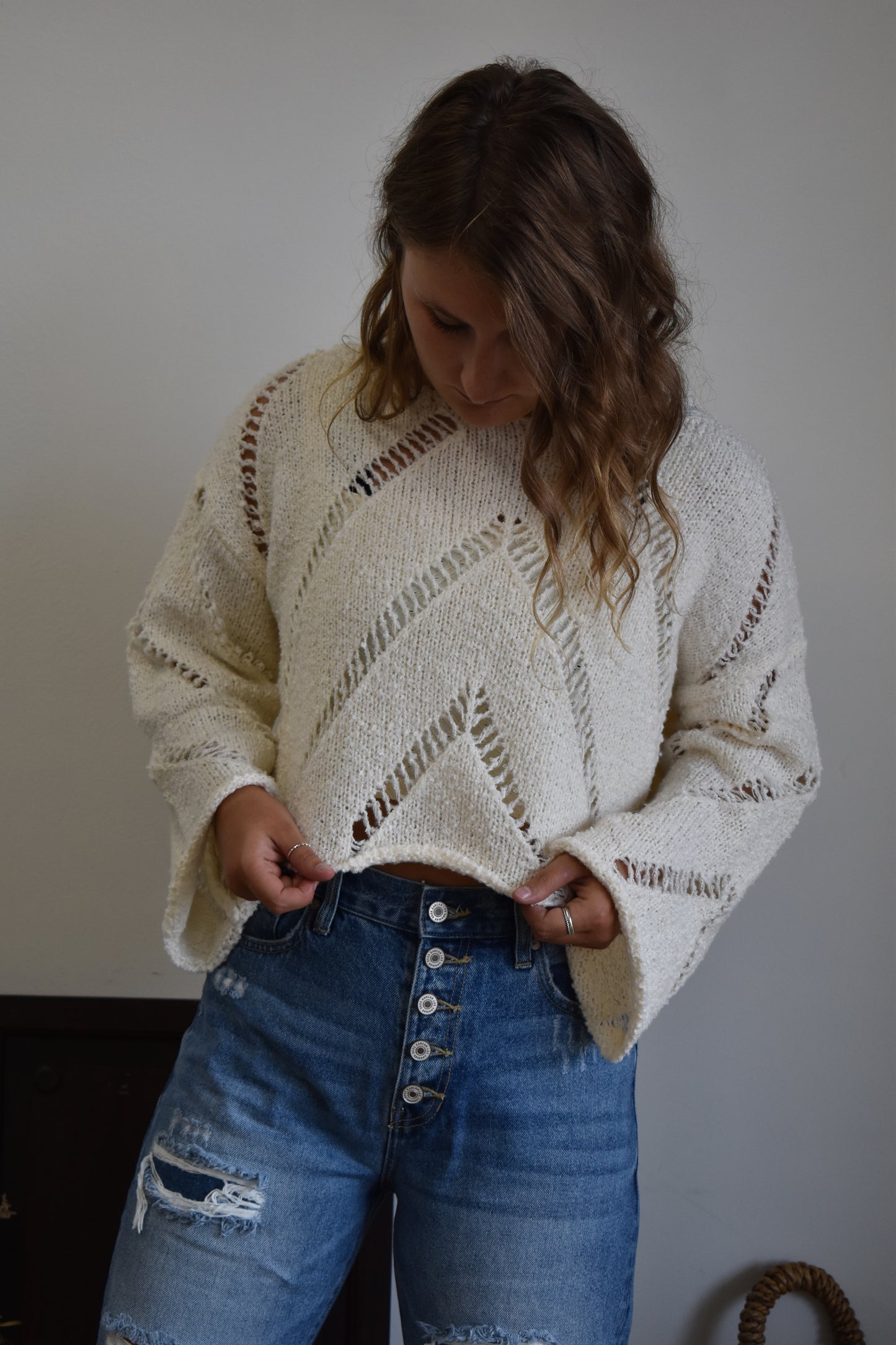 Ivory Distressed Knit Sweater