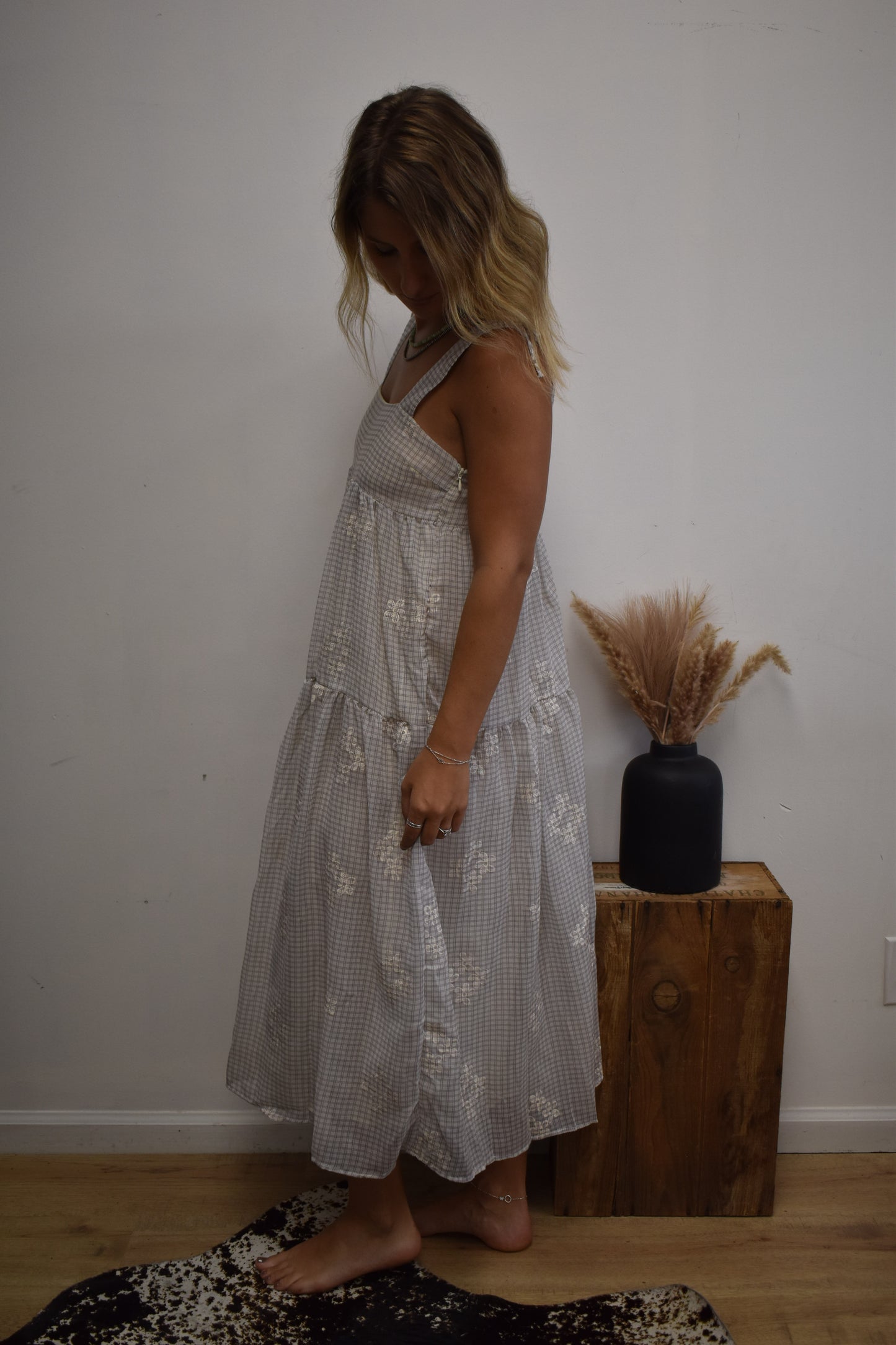 Gingham Daisy Dress: Cream