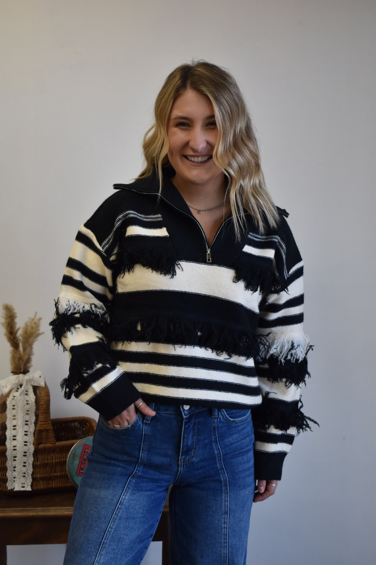 Black & Ivory Tassel Sweater