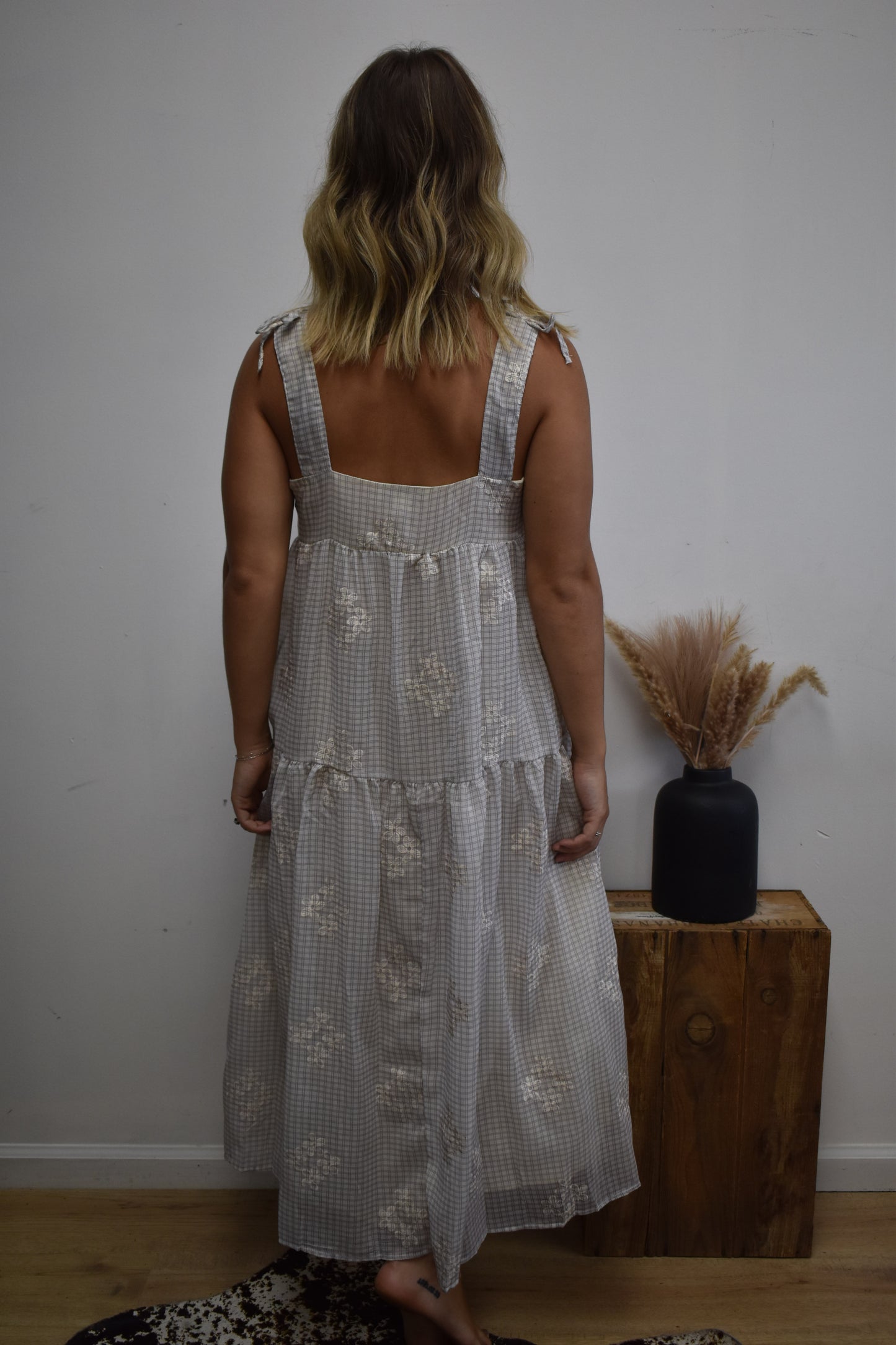 Gingham Daisy Dress: Cream