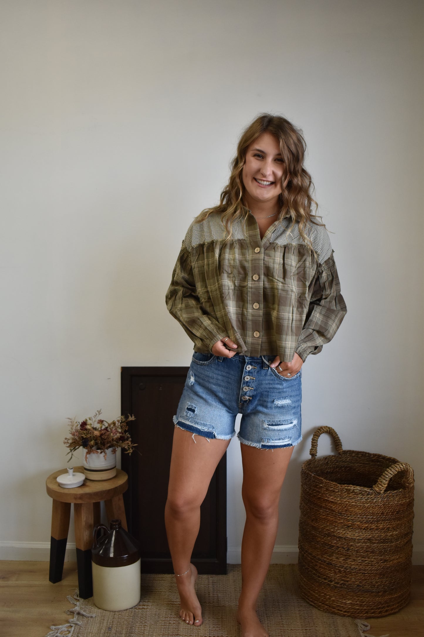 Sage Gingham Mixed Blouse